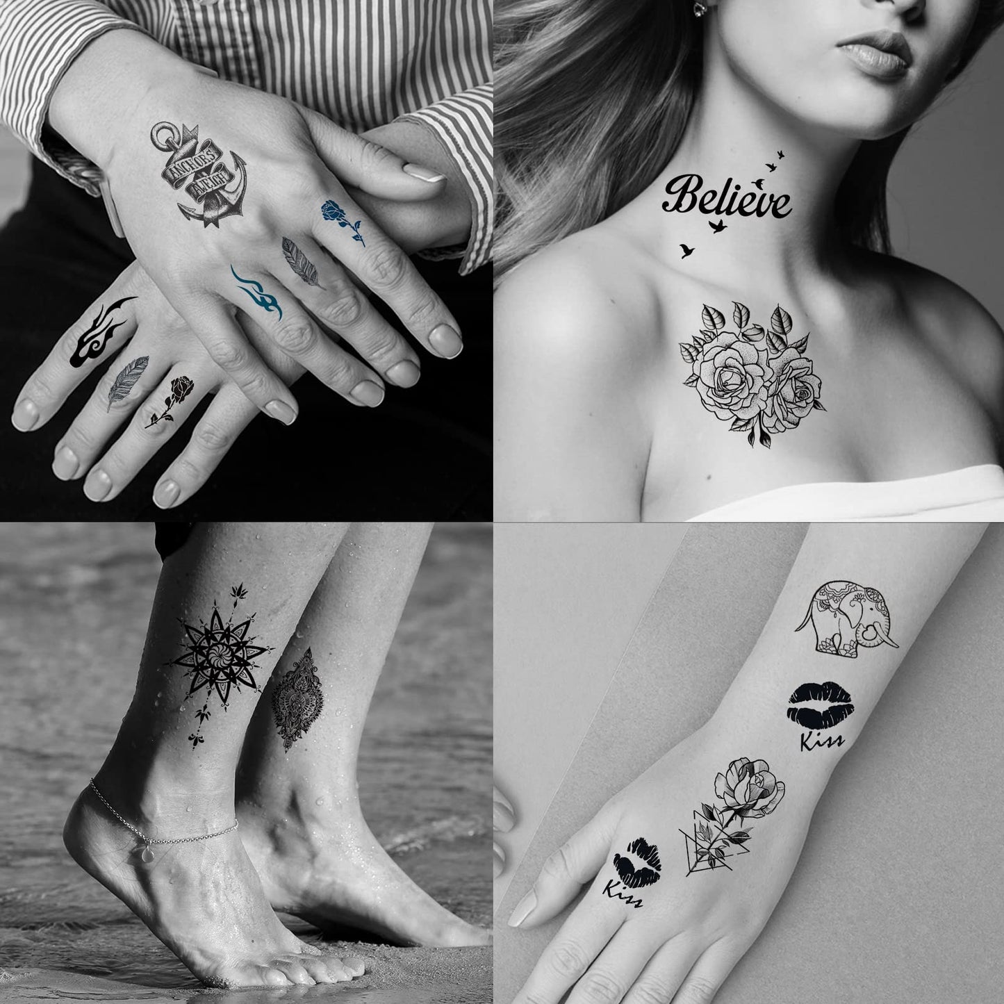 72 Sheets Temporary Tattoos for Women and Girls, Flower Tattoo Temporary, Butterfly Tattoos, Fake Black Tiny Temporary Tattoos Body Art Sticker Beauty and Personal Care Zomme