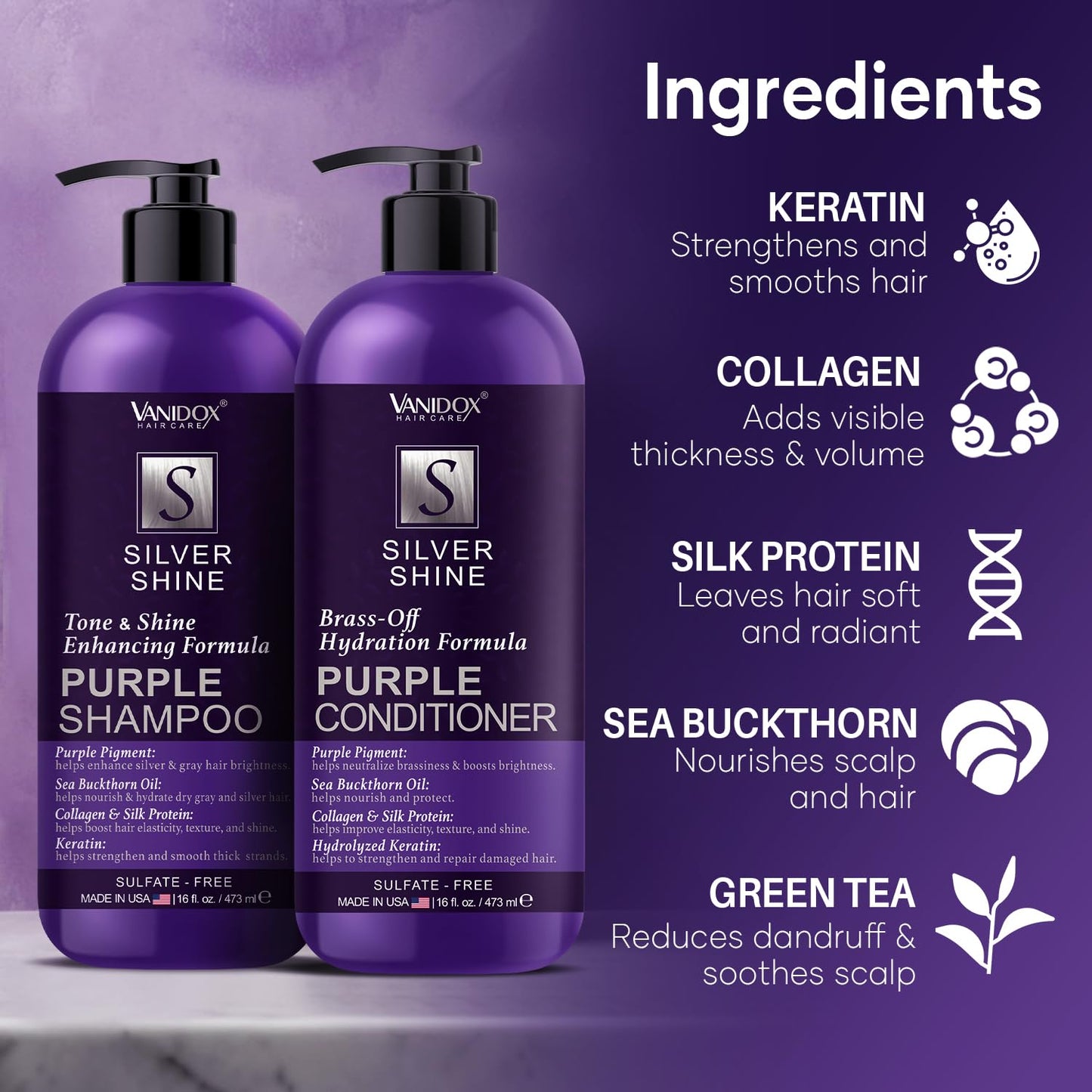 VANIDOX Sulfate Free Brass Toning Purple Shampoo and Conditioner Set for Grey and Silver Hair, Moisturizing & Color-Safe, Enhances Shine & Brightness Beauty & Personal Care VANIDOX