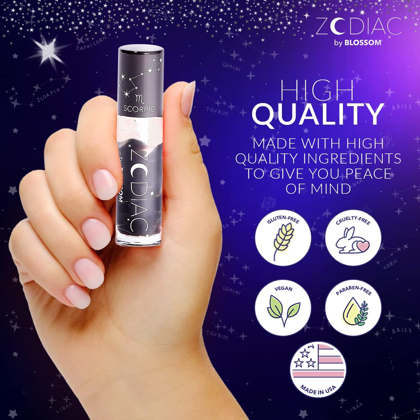 Blossom Lip Gloss Zodiac Sign Vanilla Scented Roll-On Lip Gloss, Moisturizing + Hydrating with Zodiac Crystals, Made in USA, 0.20oz, Scorpio Beauty & Personal Care Blossom