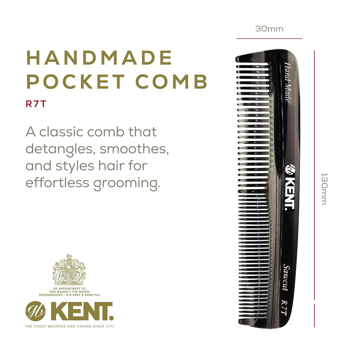 Kent R7T Black Graphite Fine and Wide Tooth Hair Comb, Handmade Pocket Comb for Men, Best Beard and Mustache Comb for Everyday Grooming and Styling,
