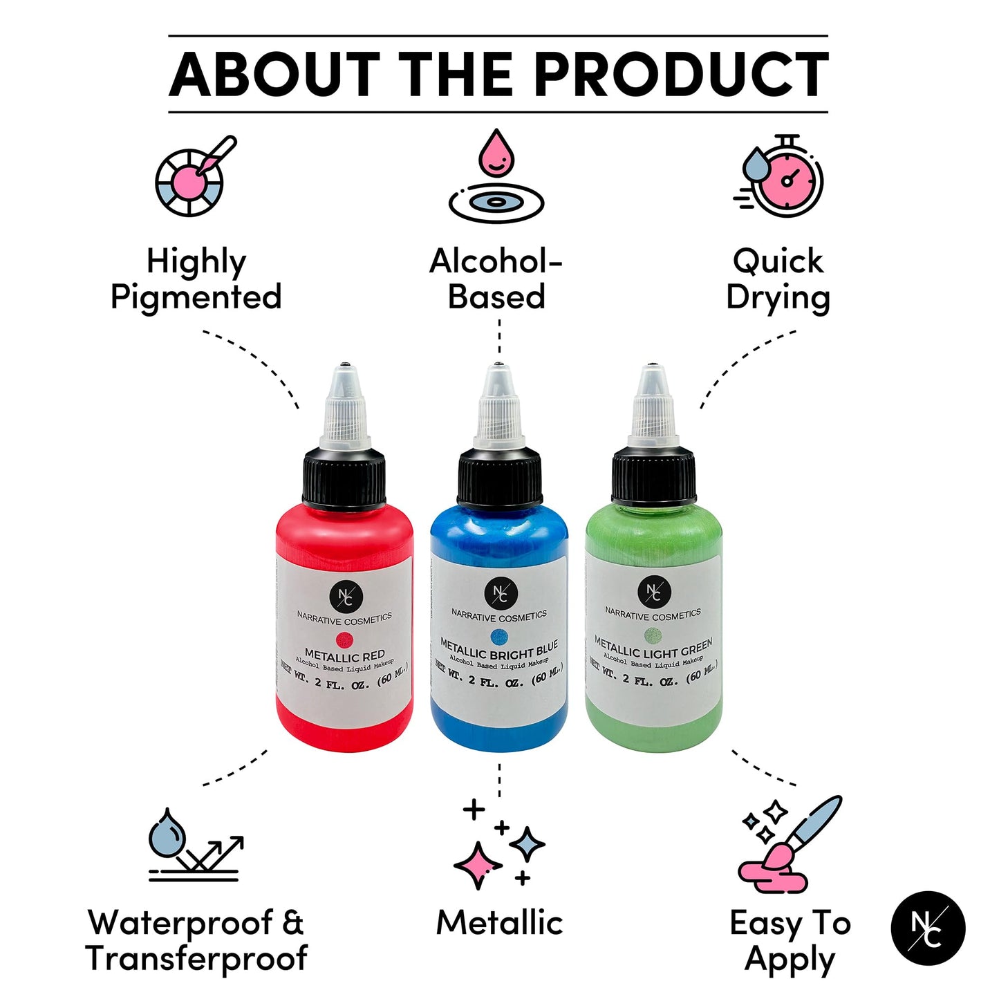 Narrative Cosmetics Metallic Alcohol Airbrush Paints - 2 fl oz, Skin Safe, Quick Dry, Waterproof, Sweatproof, Transferproof Liquid Makeup Beauty & Personal Care Narrative Cosmetics