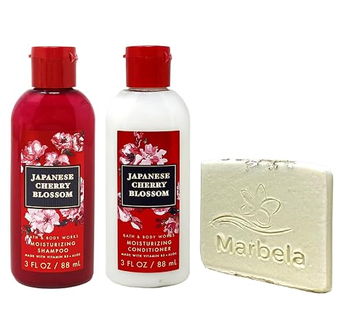 Bath & Body Works Japanese Cherry Blossom Mini Moisturizing Shampoo and Conditioner Duo Set with a Natural Oats Sample Soap Beauty & Personal Care Bath & Body Works