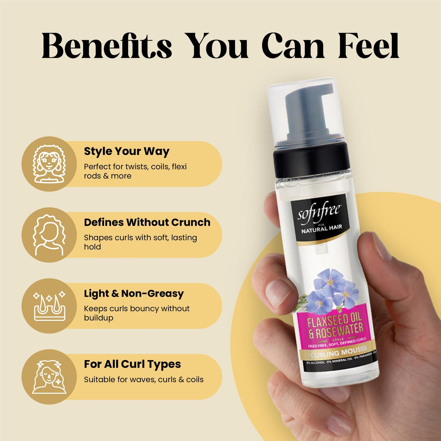 Sofn’free for Natural Hair Curling Mousse with Flaxseed Oil and Rosewater for Defining Frizz Free Curls, Coils, Waves, and Braids - 6.76 oz, Pack of 1 Beauty & Personal Care SOF N' FREE