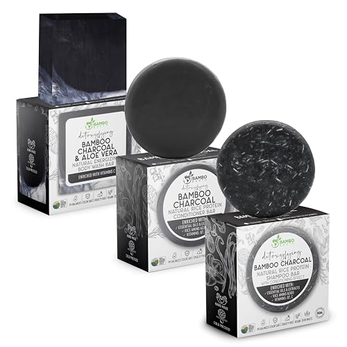 Solid Rice Protein Shampoo, Conditioner and Body Wash Bundle | Shampoo, Conditioner & Wash Bars For Hair and Body w/All Natural Essential Oils & Zero Beauty & Personal Care BAMBOEARTH