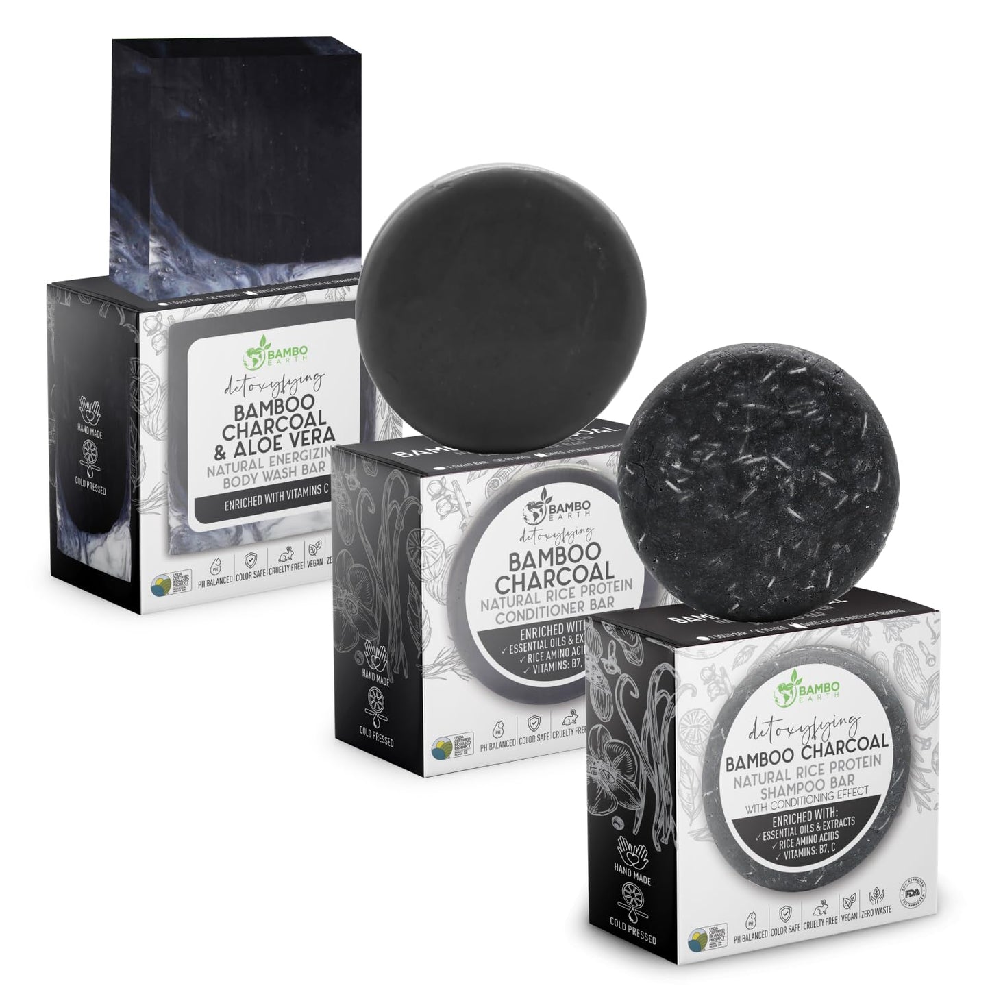 Solid Rice Protein Shampoo, Conditioner and Body Wash Bundle | Shampoo, Conditioner & Wash Bars For Hair and Body w/All Natural Essential Oils & Zero Beauty & Personal Care BAMBOEARTH