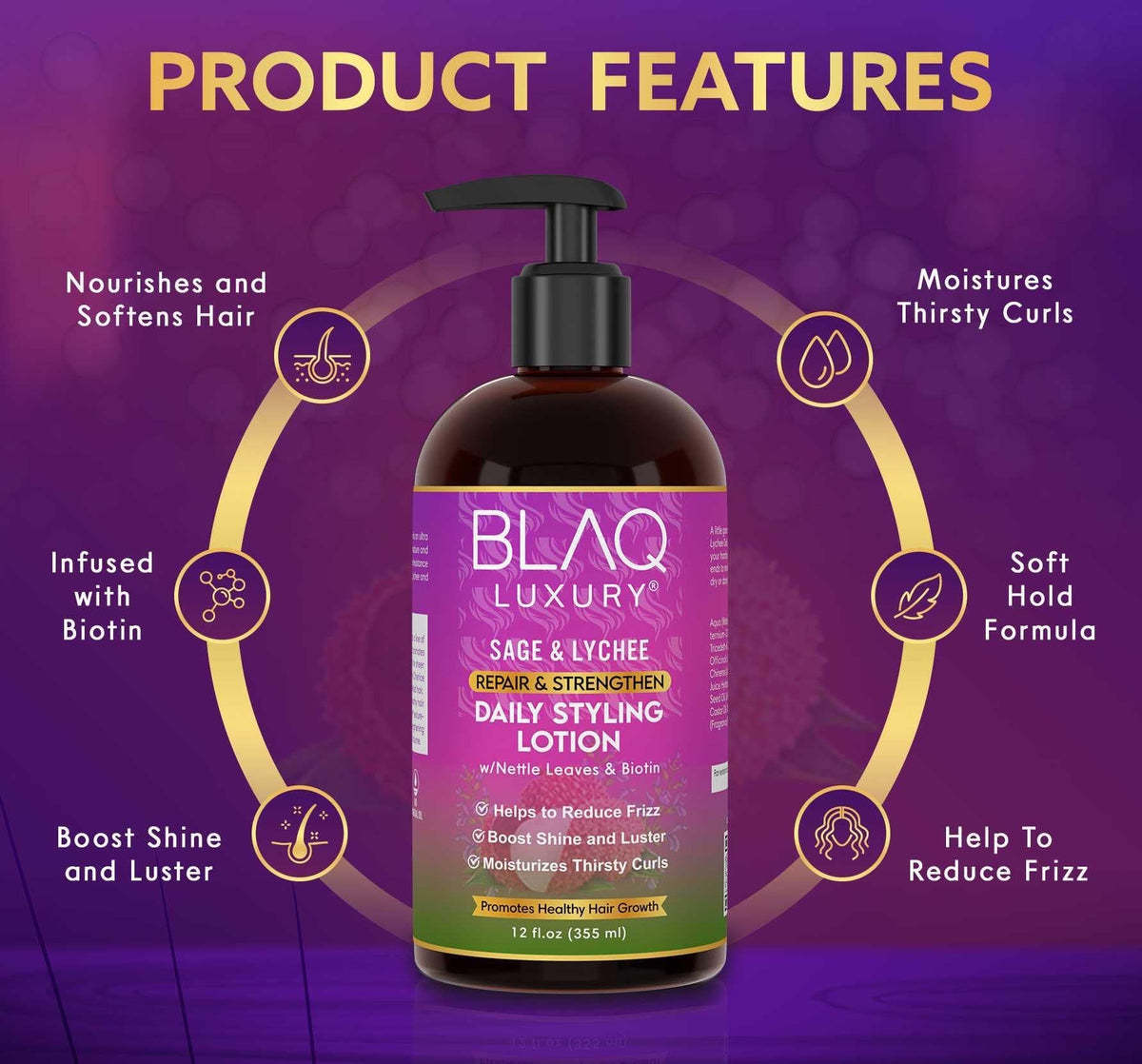 Blaq Luxury Sage & Lychee Daily Styling Lotion - Formula for Easy Styling and Frizz Control - Infused with Biotin and Natural Botanicals - Promotes Beauty & Personal Care Blaq Luxury