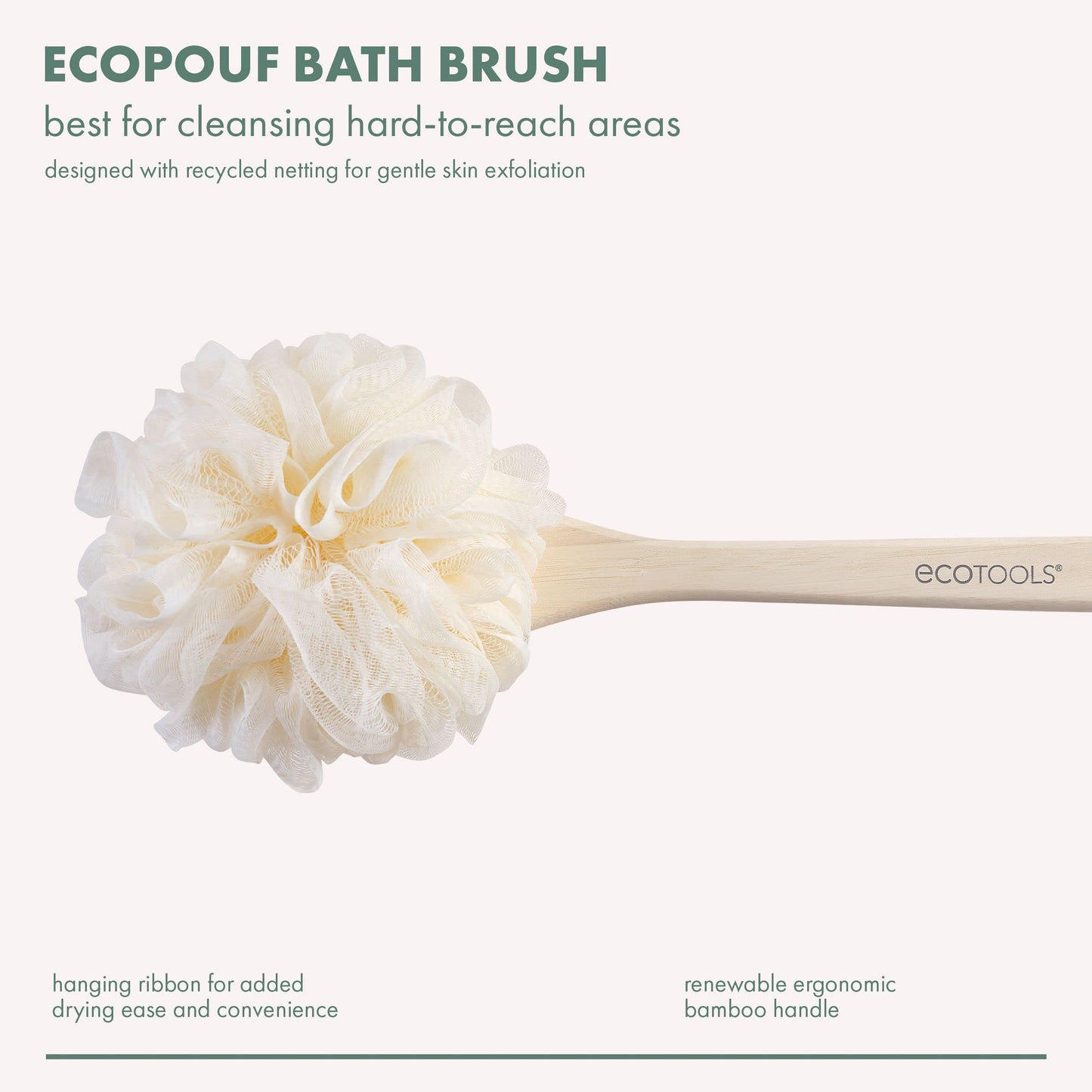 EcoTools 2 Pack EcoPouf Bath Brush, Loofah Brush for Bath & Shower, Made with Long Handle & Recycled, Soft Netting for Gentle Exfoliation, Back Brush Beauty and Personal Care EcoTools