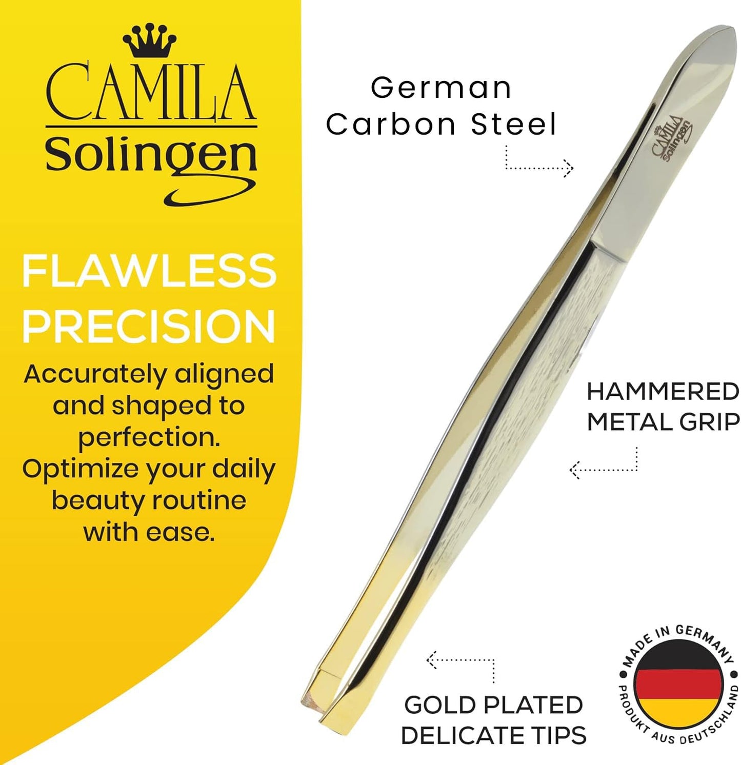 Camila Solingen CS31 3 1/2" Gold Tipped, Surgical Grade, German Carbon Steel Tweezers (Straight) - Flawless Facial Hair and Eyebrow Shaping Beauty and Personal Care Camila Solingen