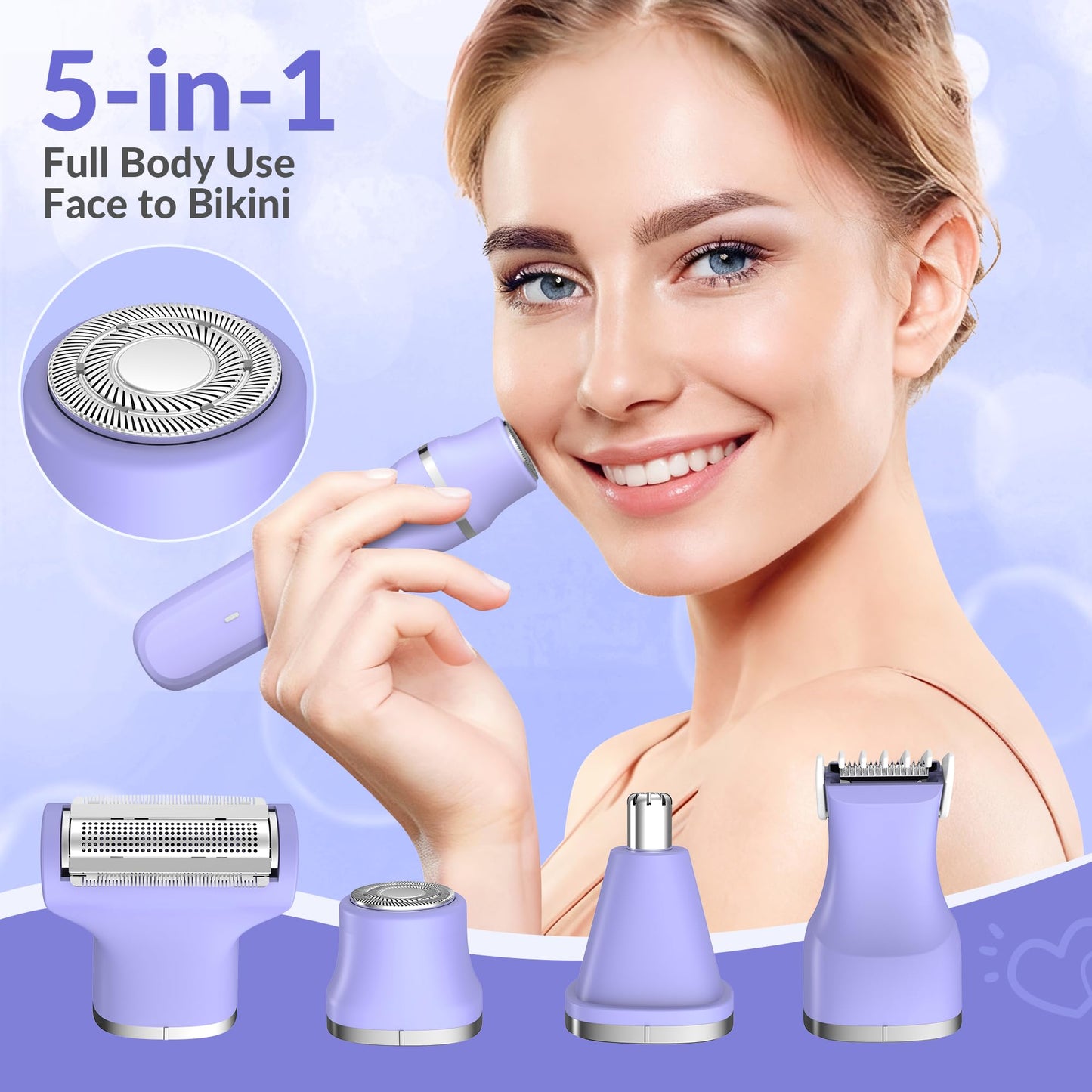 KINGTEE 5-in-1 Electric Bikini Trimmer for Women - IPX7 Waterproof Shaver, Cordless Body & Facial Razors for Women, Ceramic Blades, USB-C Beauty and Personal Care KINGTEE