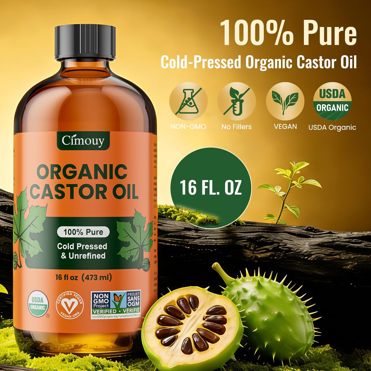 Cimouy USDA Organic Castor Oil Glass Bottle 16oz,100%Pure,Vegan,Hexane Free