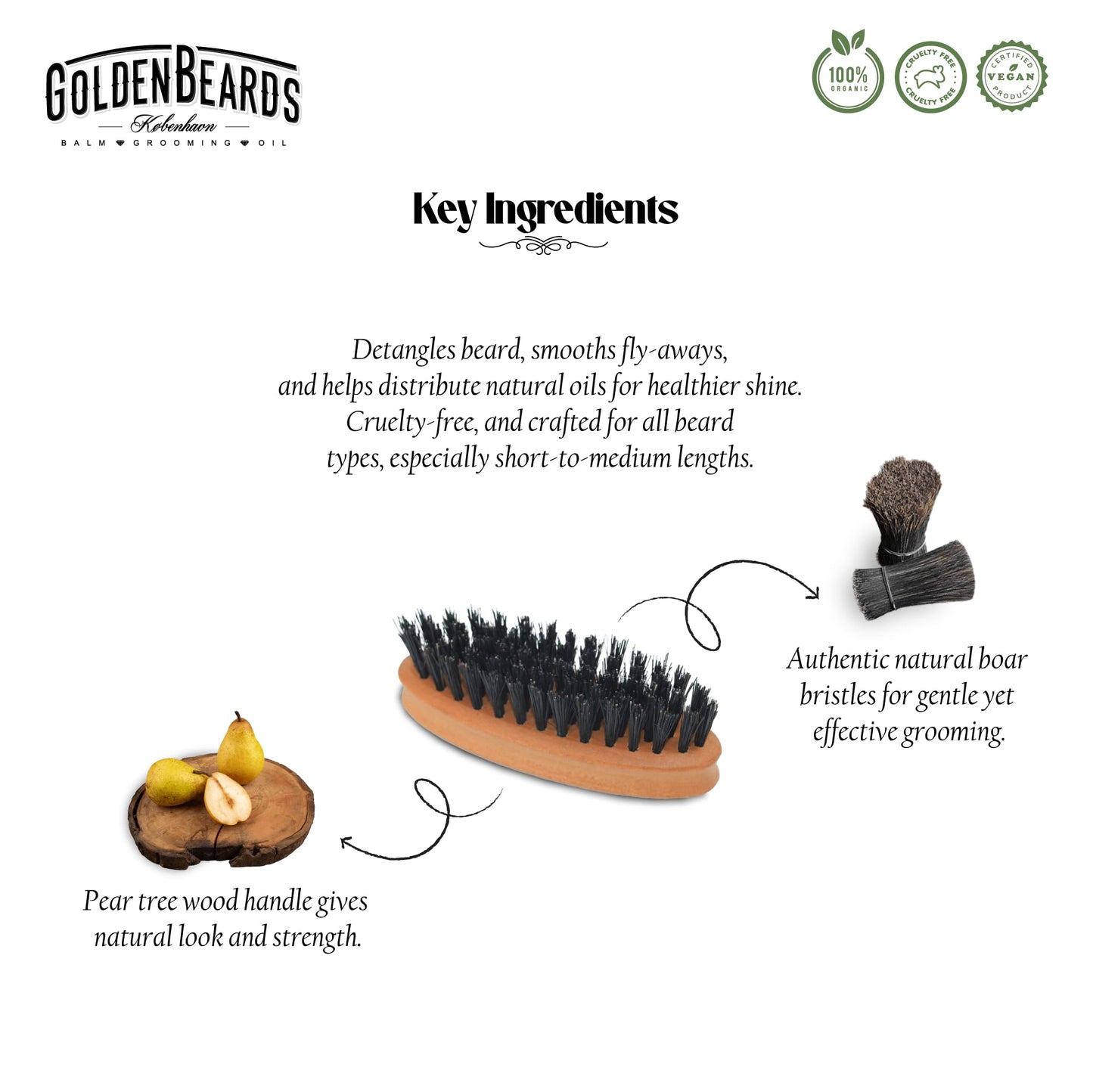 Golden Beards Travel Beard Brush - Pear Tree Wood Handle & Natural Boar Bristles - Compact Grooming Tool That Fits in Your Bag, Perfect for Beard Beauty and Personal Care Golden Beards Kobenhavn BALM GROOMING OIL