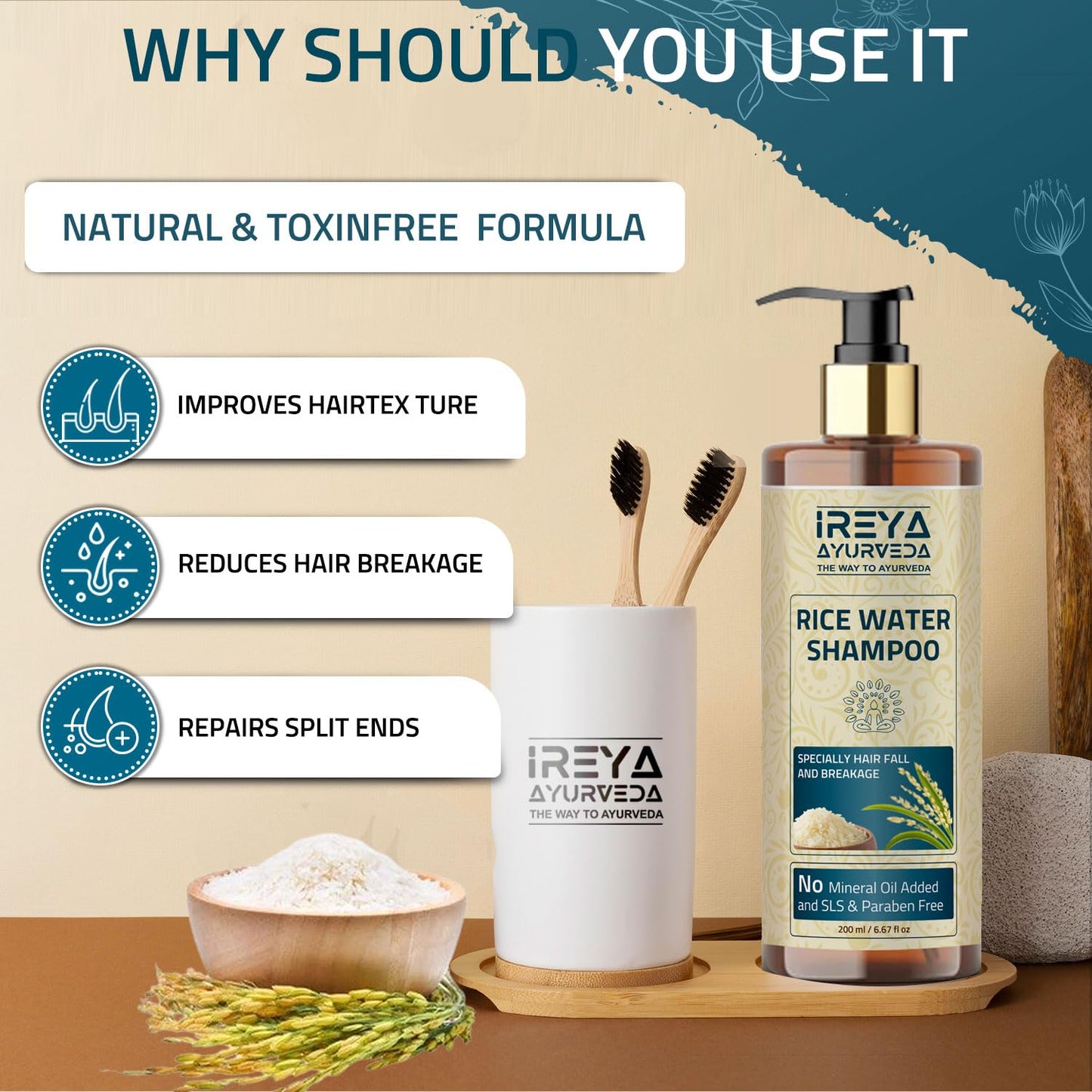 Rice Water Shampoo for hair with Rosehip oil 200ml (6.76oz) for Growth & Smooth Hair | Made with all natural ingredients No minerals Beauty & Personal Care Ireya Ayurveda