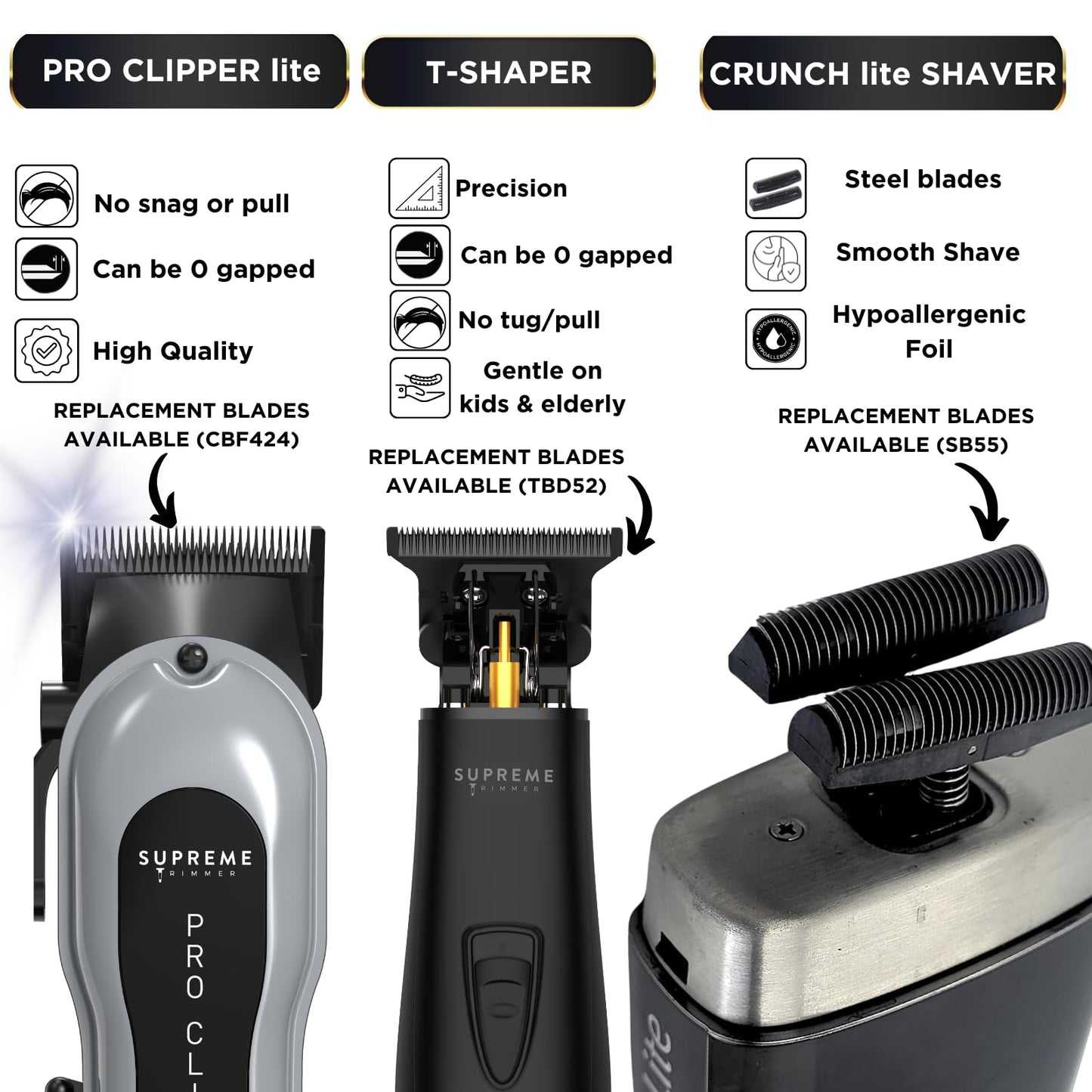 Supreme Trimmer 3-in-1 Barber Bundle - Pro Clipper Lite, DLC T-Shaper Trimmer, Crunch Lite Foil Shaver - Professional Beard Trimmer/Clipper Kit Beauty and Personal Care Supreme Trimmer