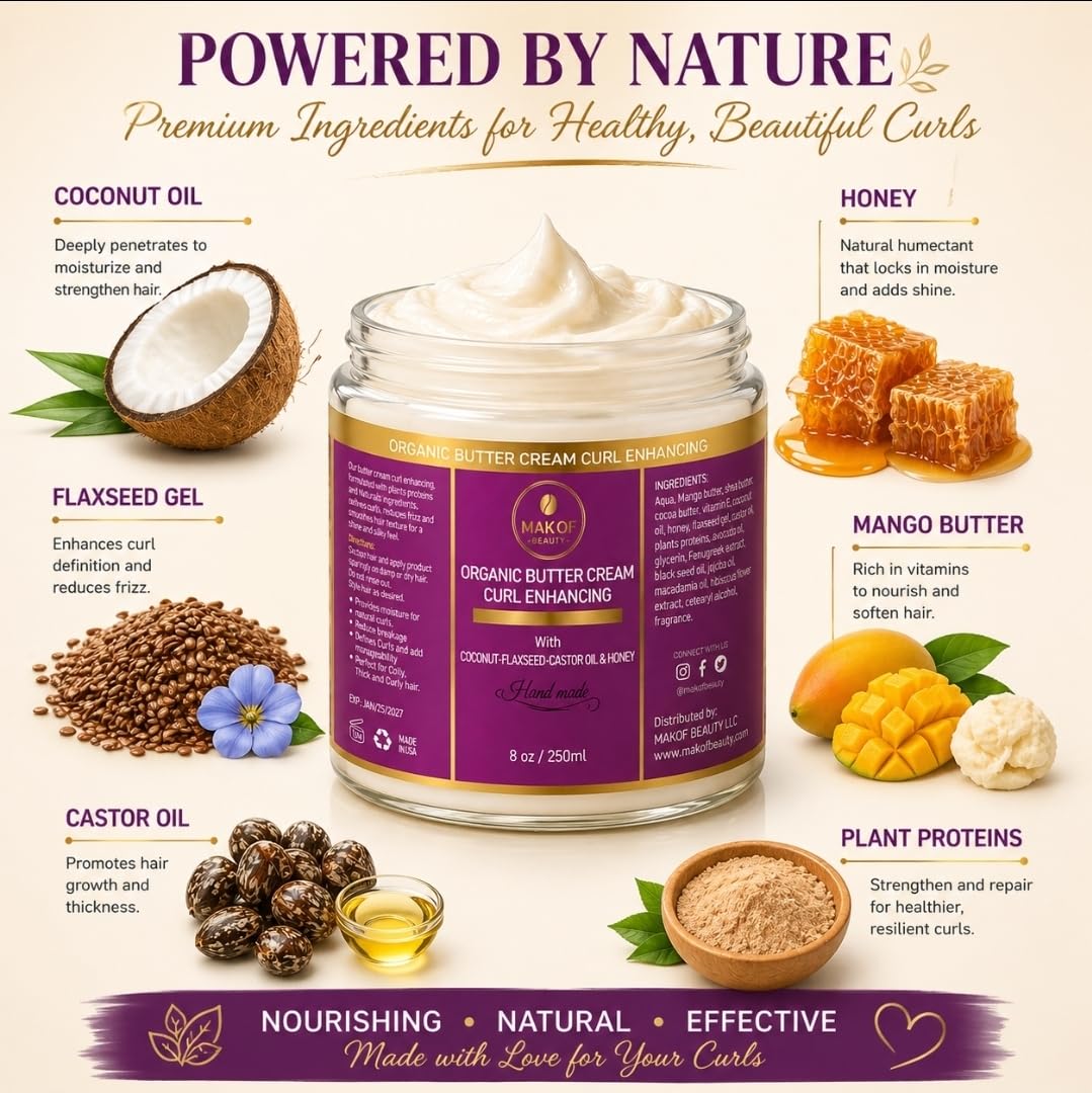 Organic Coconut Curl Enhancing Cream with Flaxseed, Black Castor Oil. Curls Detangler, Moisture-rich, Curl Revival Cream. Anti-Frizz, Defines All Curl Beauty & Personal Care MAKOF BEAUTY