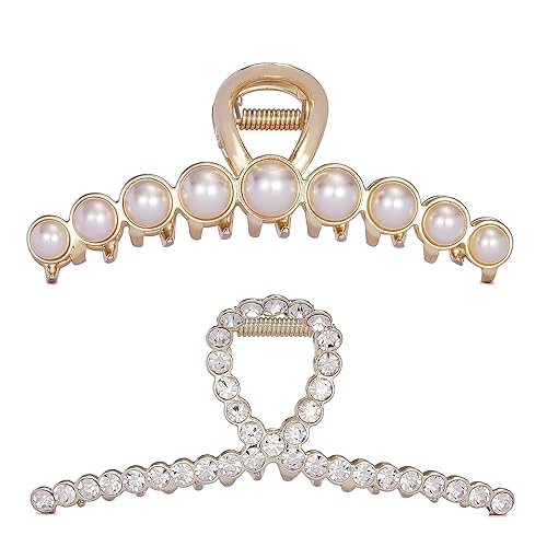 Rhinestone Hair Claw Clips, 4.4 Inch Vintage Metal Imitation Pearl Hair Jaw Clip for Women, Non Slip Hair Clamp Fashion Wedding Party Accessories Beauty & Personal Care Textention