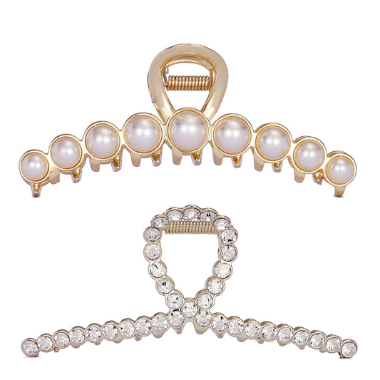 Rhinestone Hair Claw Clips, 4.4 Inch Vintage Metal Imitation Pearl Hair Jaw Clip for Women, Non Slip Hair Clamp Fashion Wedding Party Accessories Beauty & Personal Care Textention