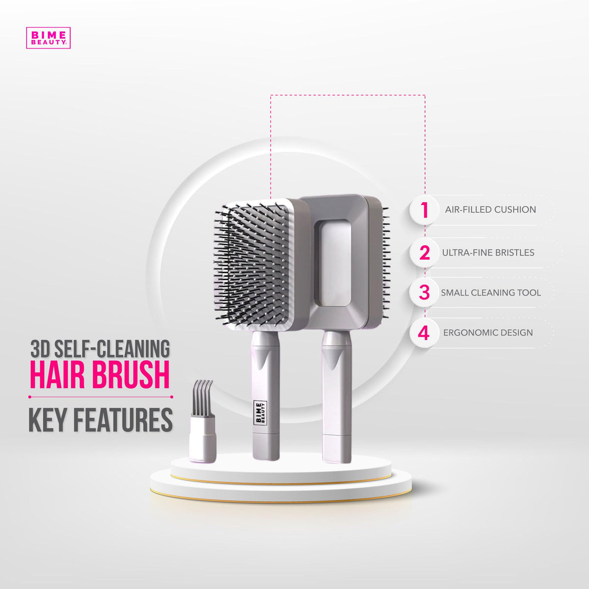 Bime Beauty 3D Self Cleaning Deluxe Rectangular Brush | Self Cleaning Hair Brush for Women | Detangling Hair Comb for All Hair Types (Rose Red)