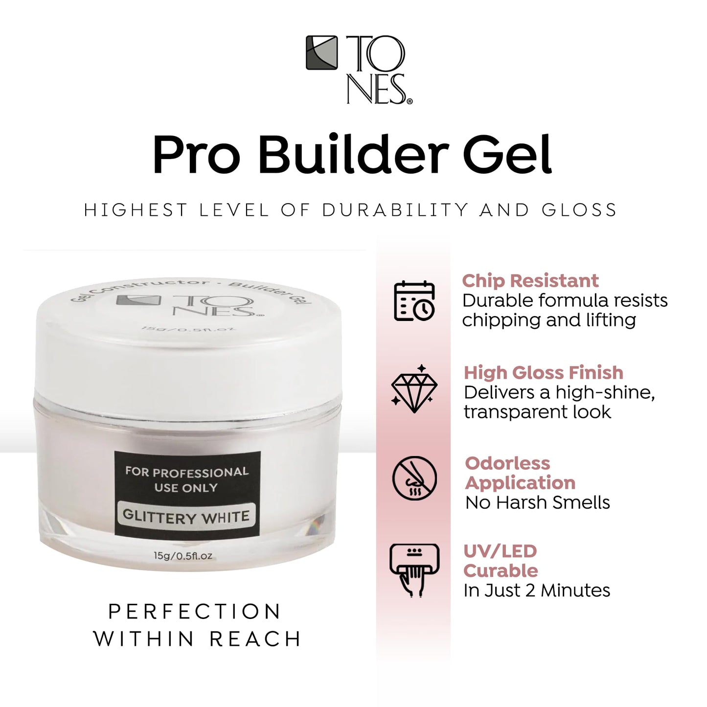 TONES Builder Gel - Nail Extension Strengthener | UV/LED Cured for Long Lasting Shine - Superior Grip & Sculpting | (Glittery White) | (15ml/0.5fl.oz) Beauty & Personal Care TONES