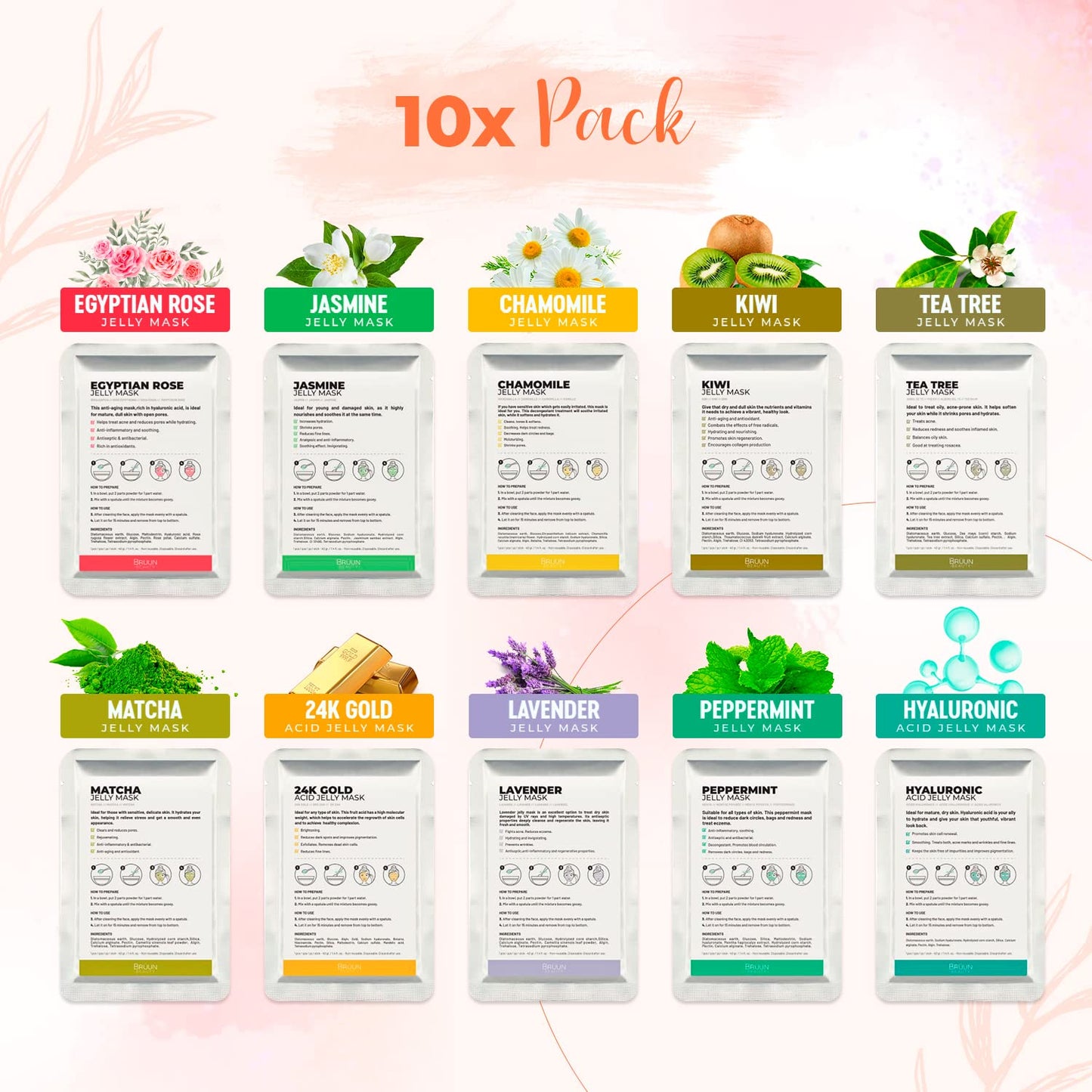 Peel-Off Jelly Mask Premium Modeling "Rubber Mask" Spa Set - 10 Treatments (24k Gold, Lavender, Kiwi, Peppermint, Egyptian Rose, Matcha, Chamomile Beauty & Personal Care BRÜUN