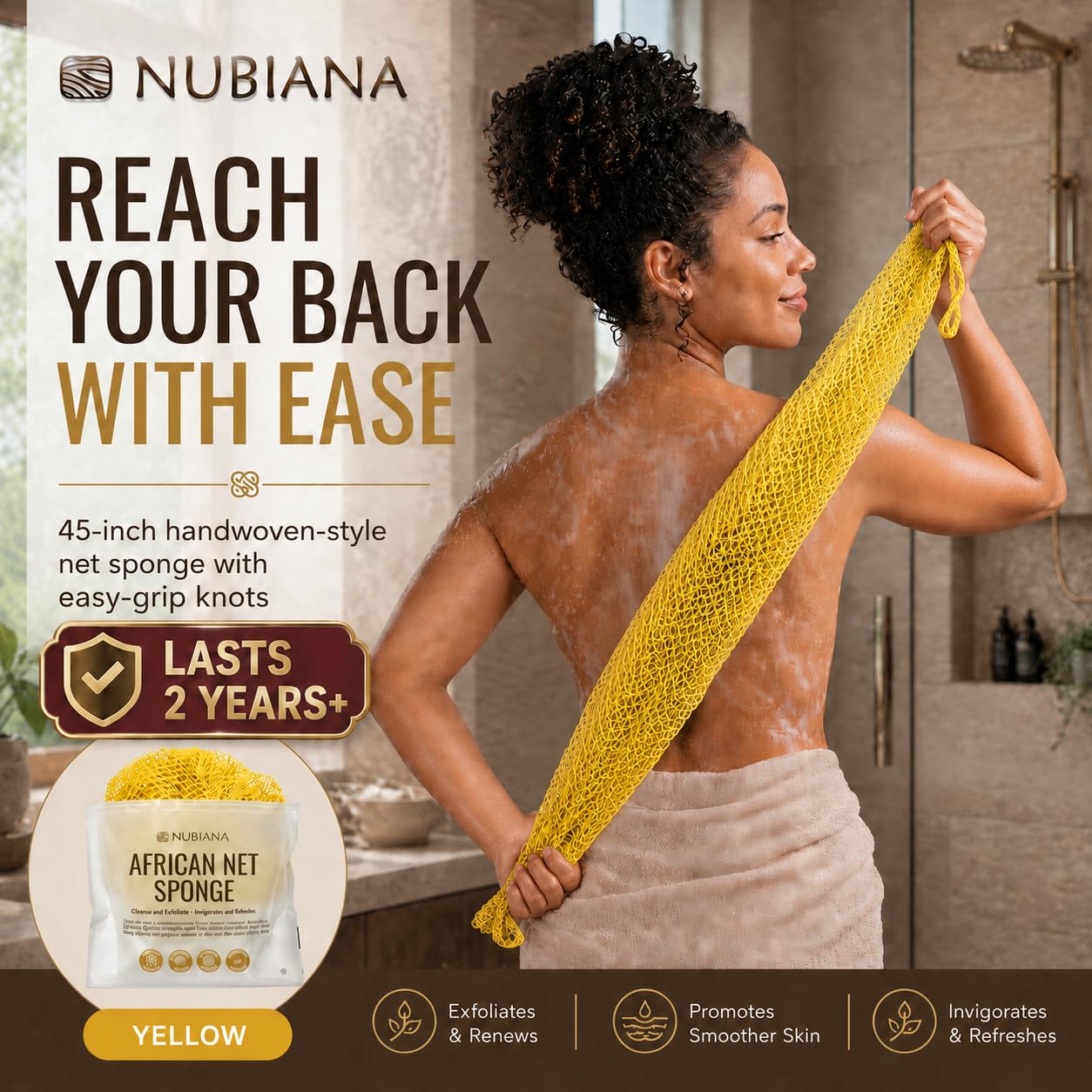 Nubiana African Net Sponge Authentic with Knots, 45 Inch Handwoven Nigerian Exfoliating Body Sponge with Handles, Quick-Drying Nylon Mesh Body Beauty and Personal Care Nubiana
