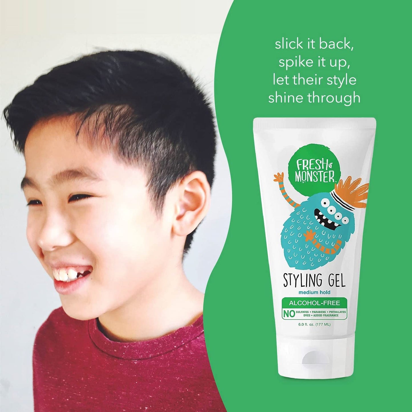 Fresh Monster Kids Hair Styling Gel, Medium Hold Alcohol-Free, Natural Hair Gel for Kids & Toddlers (6oz.) Beauty & Personal Care Fresh Monster
