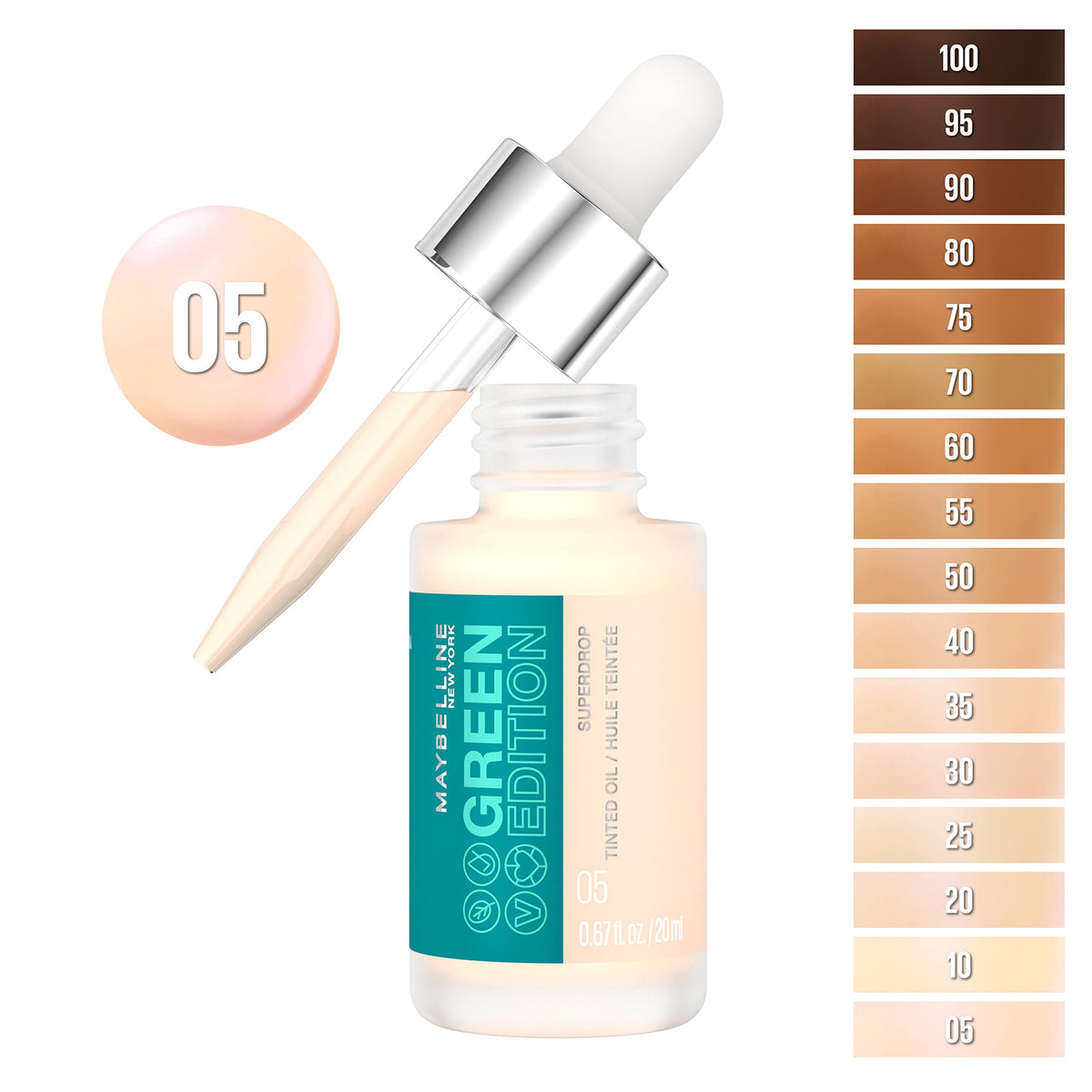 Maybelline Green Edition Superdrop Tinted Oil Base Makeup, Adjustable Natural Coverage Foundation Formulated With Jojoba & Marula Oil, 05, 1 Count
