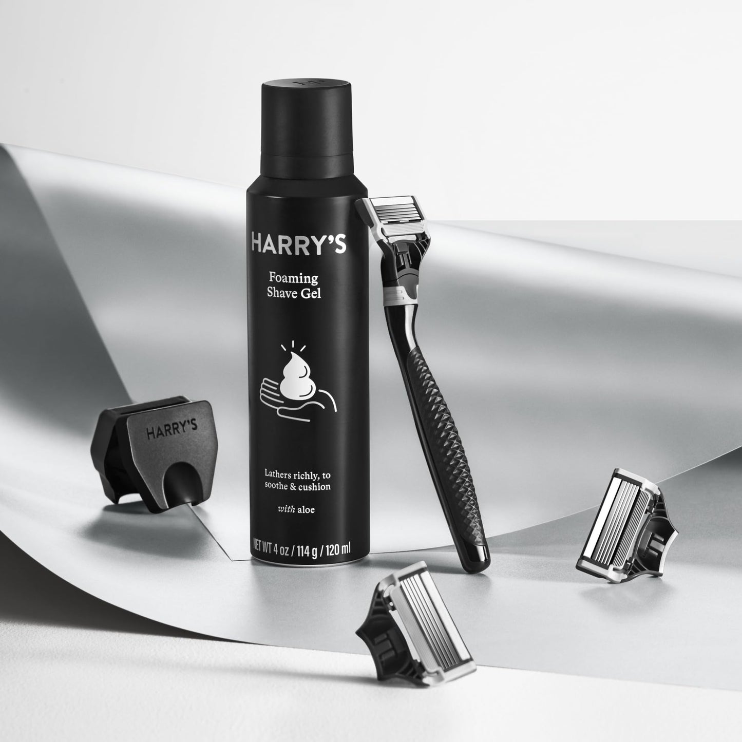 Harry's Original Shave Gift Set for Men - Black Metallic Handle + 3 Razor Blade Cartridges + Travel Blade Cover + 1 Foaming Shave Gel - German Beauty and Personal Care Harry's