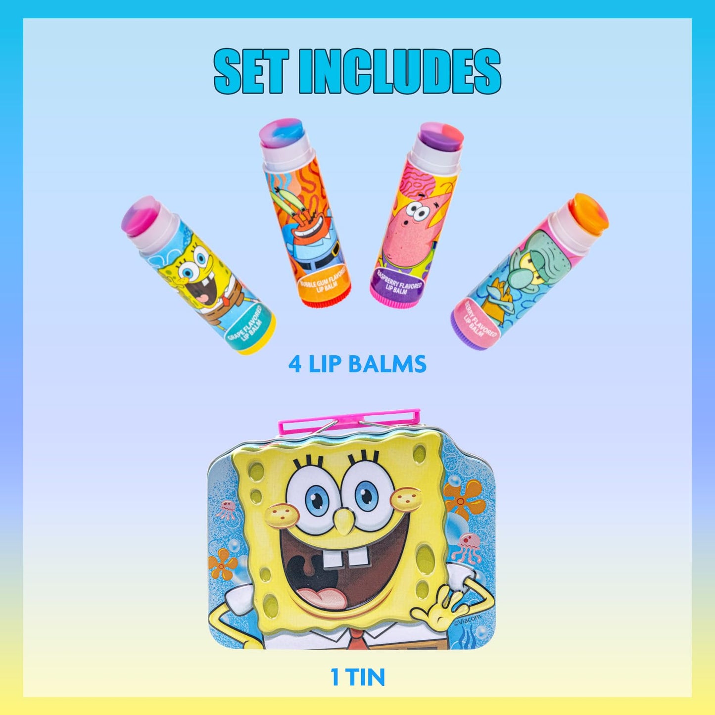 Spongebob Squarepants 4PK Plant-Based, Fruity Scented Lip Balm, & 1 Tin, Colorful Hydrating Mosturizor Swirl Lip Balm Set for Kids, by Townley Girl Beauty & Personal Care Townley Girl