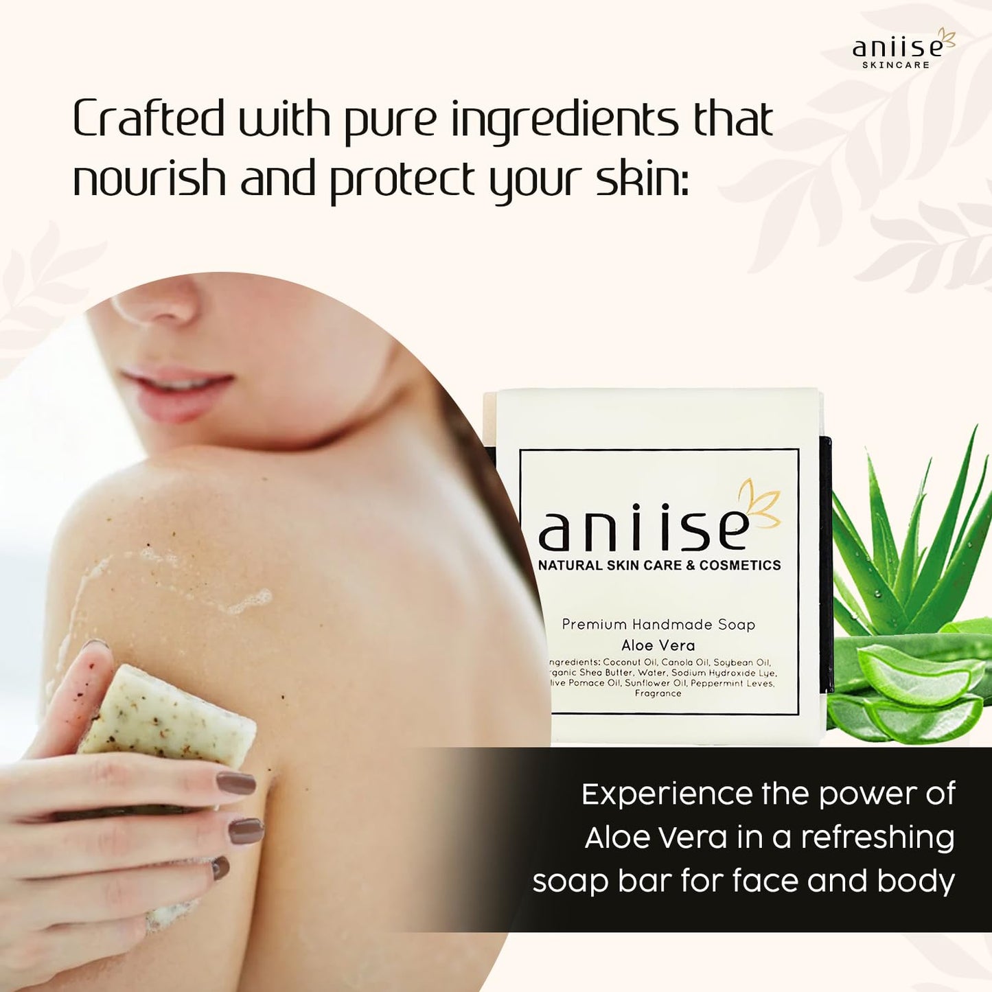 Aloe Vera Soap Bar for Face & Body - Hydrating & Soothing Cleanser with Nourishing Plant Oils & Peppermint Leaves - Premium Handmade Soap - Vegan Beauty & Personal Care Aniise