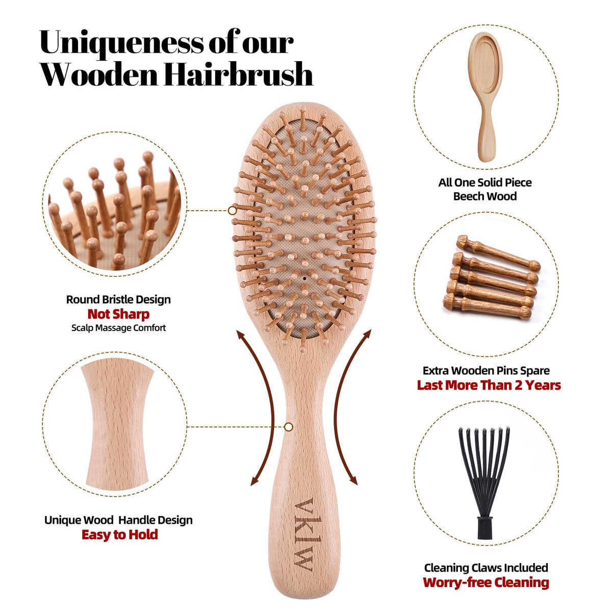 vklw Wooden Hair Brush and Comb, One-piece Design, Reduce Frizz and Static, Massage Scalp, Detangling Paddle Hairbrush for Women, Girls, Kids Beauty & Personal Care vklw