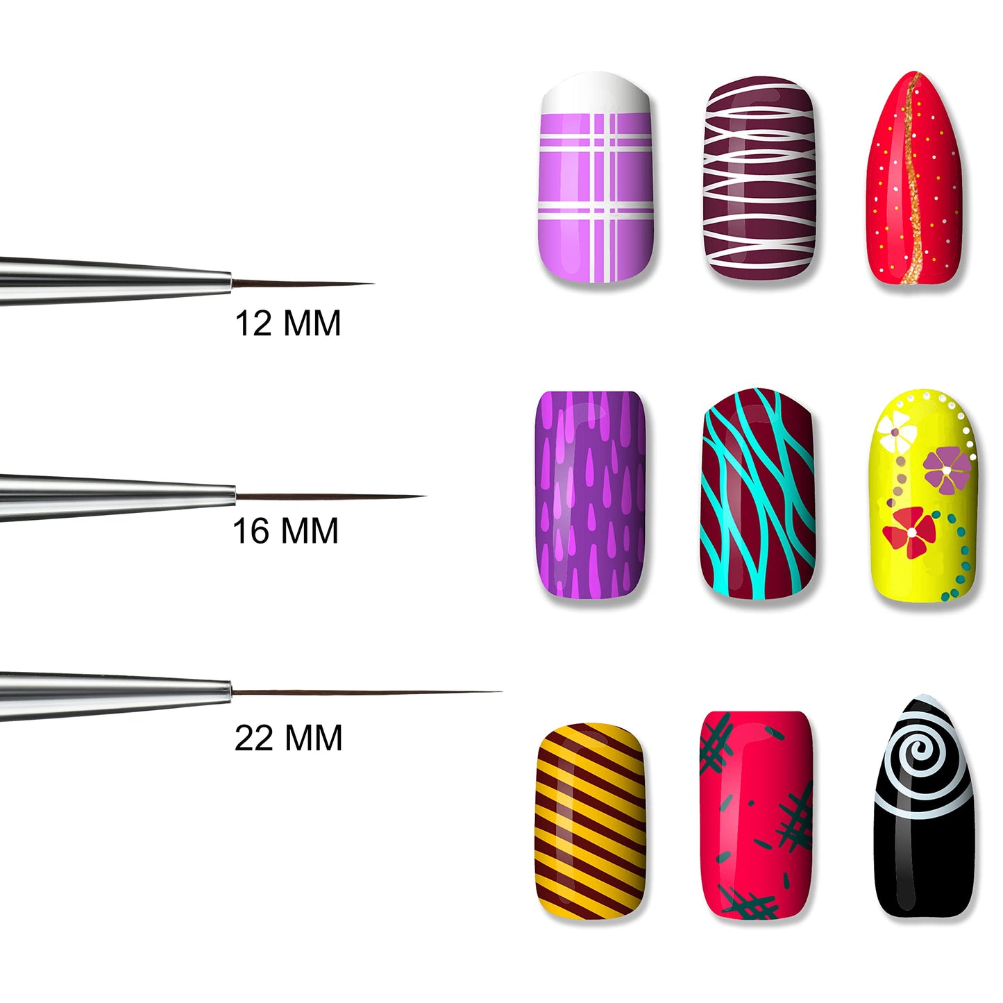 Beaute Galleria 3 Pieces Nail Art Long Striper Brush Set (12mm, 16mm, 22mm) for Thin Long Fine Line, Detailer, Striping, Color Block, One Stroke Beauty & Personal Care BEAUTÉ GALLERIA
