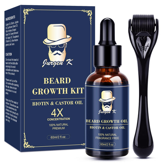 Beard Growth Kit, Beard Growth Oil (2Oz) w/Biotin & Castor Oil, Beard Massager for Patchy/Spot Beard, Beard Kit for Men's Grooming, Dad Day Gifts Beauty and Personal Care Jurgen K