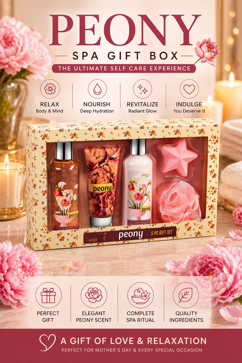 Fragrance Bath & Body Collection Gift Box, Peony Spa Gift Box Beauty and Personal Care Freida and Joe