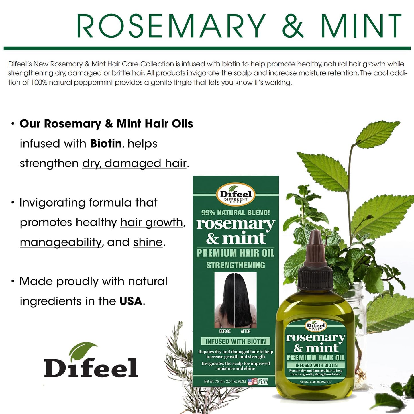 Difeel Rosemary and Mint Premium Hair Oil with Biotin 2.5 oz. Beauty & Personal Care Difeel