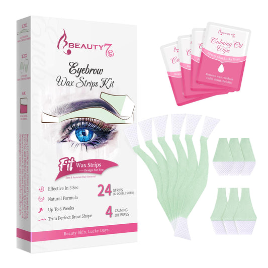 Beauty7 Facial Wax Strips for Hair Removal - Eyebrow Wax Strips at Home - 24 Strip, 4 Calming Oil Wipes for All Skin Types for Women Beauty and Personal Care Beauty7