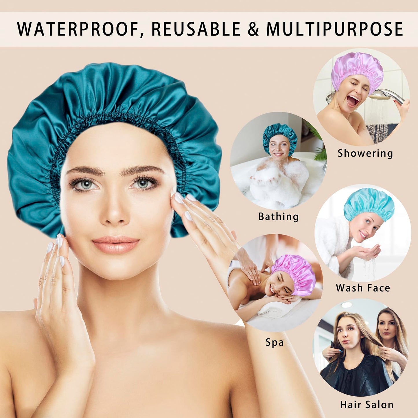 Shower Caps for Women, 4 PCS Elastic and Reusable Bath Caps, Double Waterproof Layers Shower Cap, Bathing Shower Caps, Environmental Protection Hair Beauty and Personal Care CHFONG
