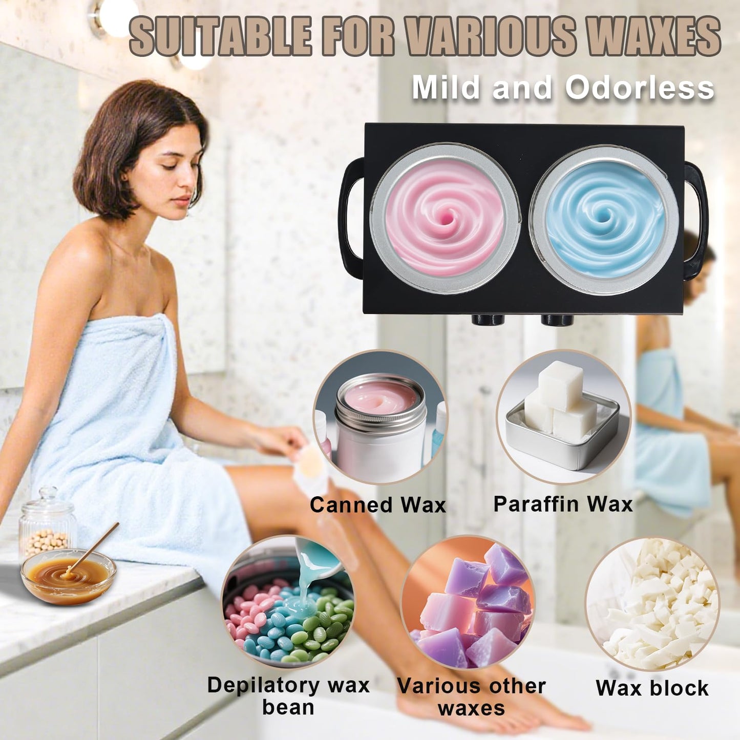 Wax Warmer Double Pot, Professional Electric Heater for Facial, Body, Spa, and Salon, 1.2L Dual Adjustable Temperature with 100 Wooden Craft Sticks Beauty and Personal Care Podoy