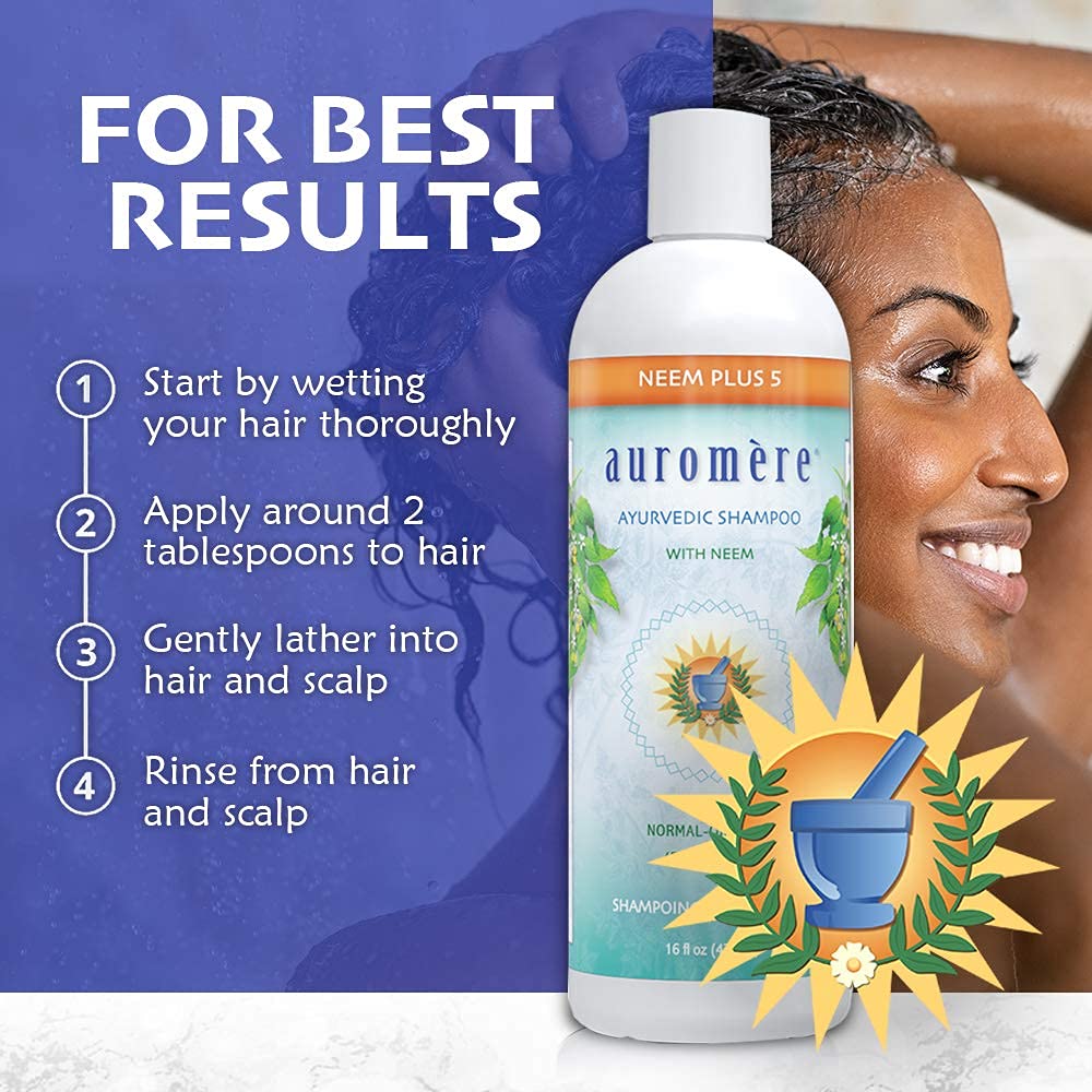 Auromere Ayurvedic Shampoo, Neem + 5 - Vegan, Cruelty Free, Non-GMO, Natural, Gluten Free, Sulfate Free, Paraben Free for Normal to Oily Hair (16 fl