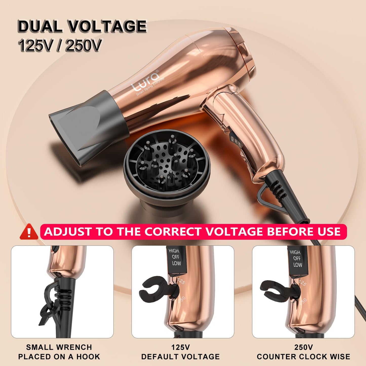 LURA Mini Portable Travel Hair Dryer:Dual Voltage Small Lightweight Blow Dryer with EU Plug,1200W Compact Hairdryer with Folding Handle,with Beauty & Personal Care LURA