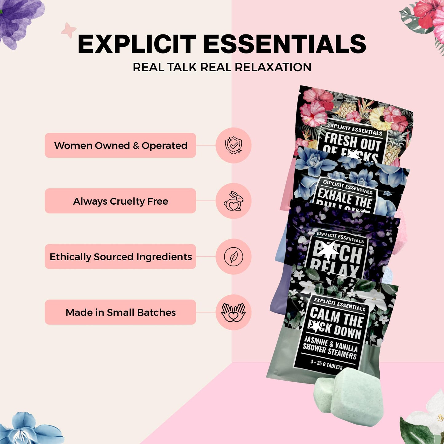 Explicit Essentials Shower Steamers Gift Set - 4 Funny Handmade Aromatherapy Shower Bombs - Relaxation & Stress Relief Spa Gift for Self-Care Beauty and Personal Care Explicit Essentials