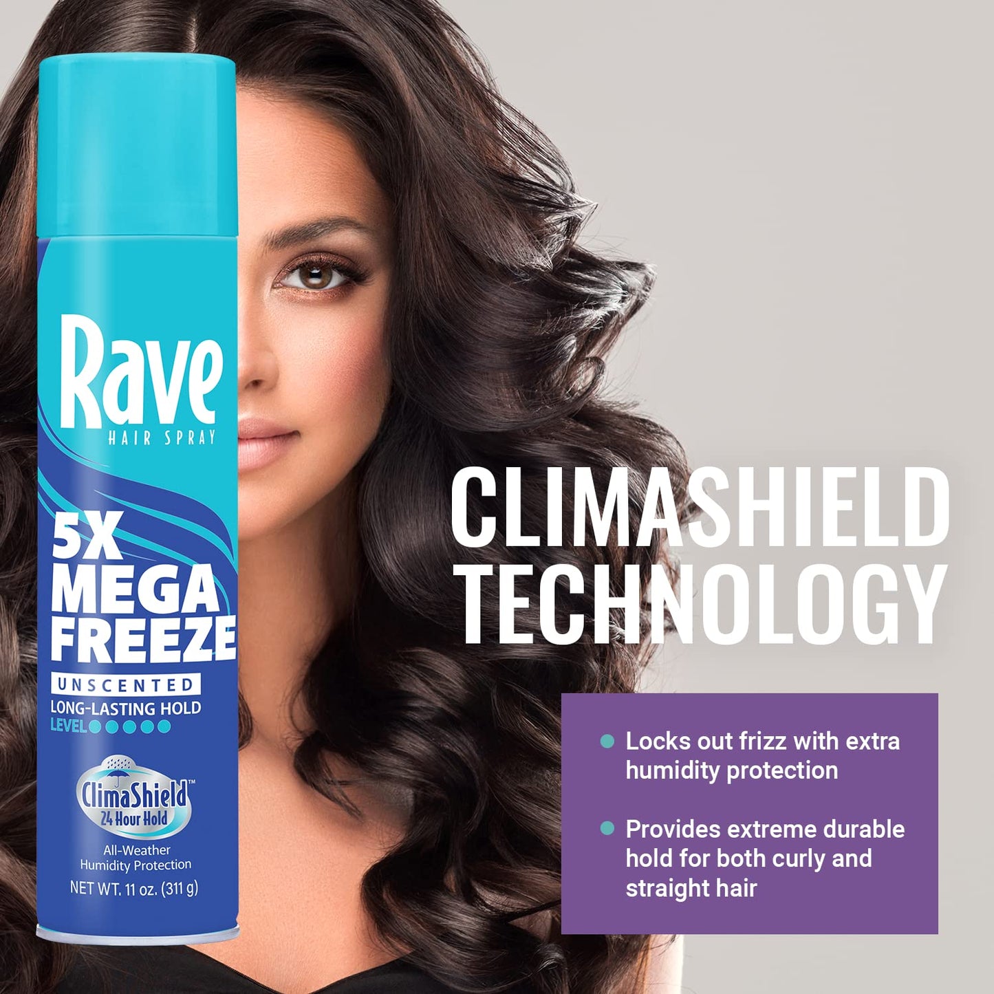 Unscented Aerosol Hairspray by Rave - 5X Freeze Hair Spray for Heat Protection, Volume and Shine - ClimaShield for Extra Humidity and Long Lasting Beauty and Personal Care RAVE 5X FREEZE