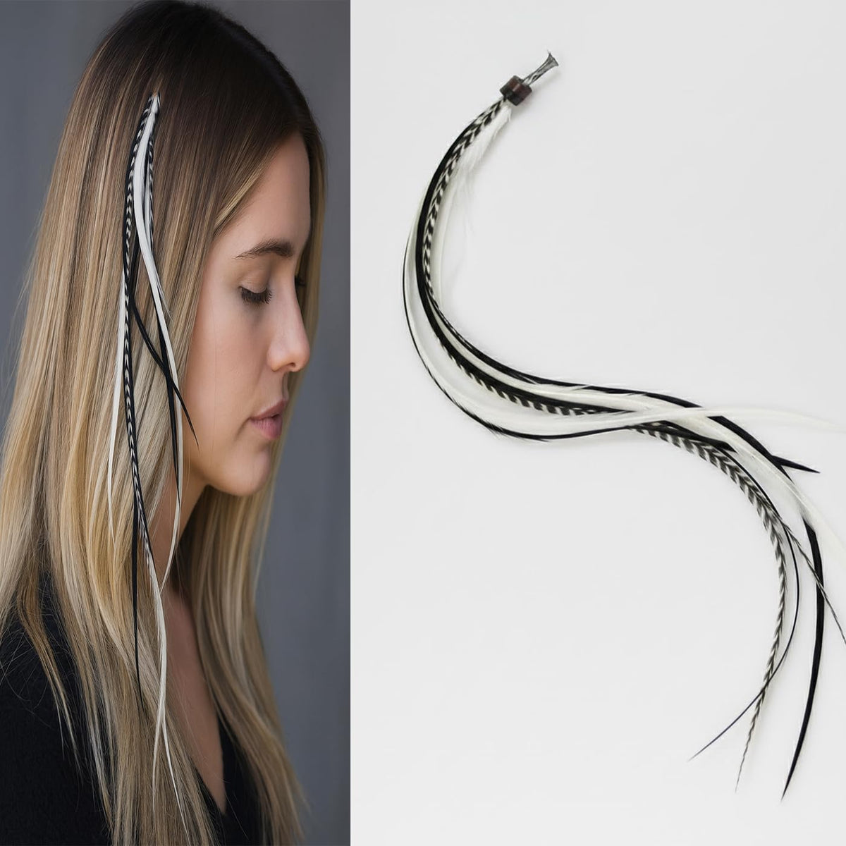 Feather Hair Extension - 5 Real Rooster Feathers Bonded at Tip, Black & White Zebra Pattern, 7-11” Long, Includes 2 Silicone Micro Beads for Easy