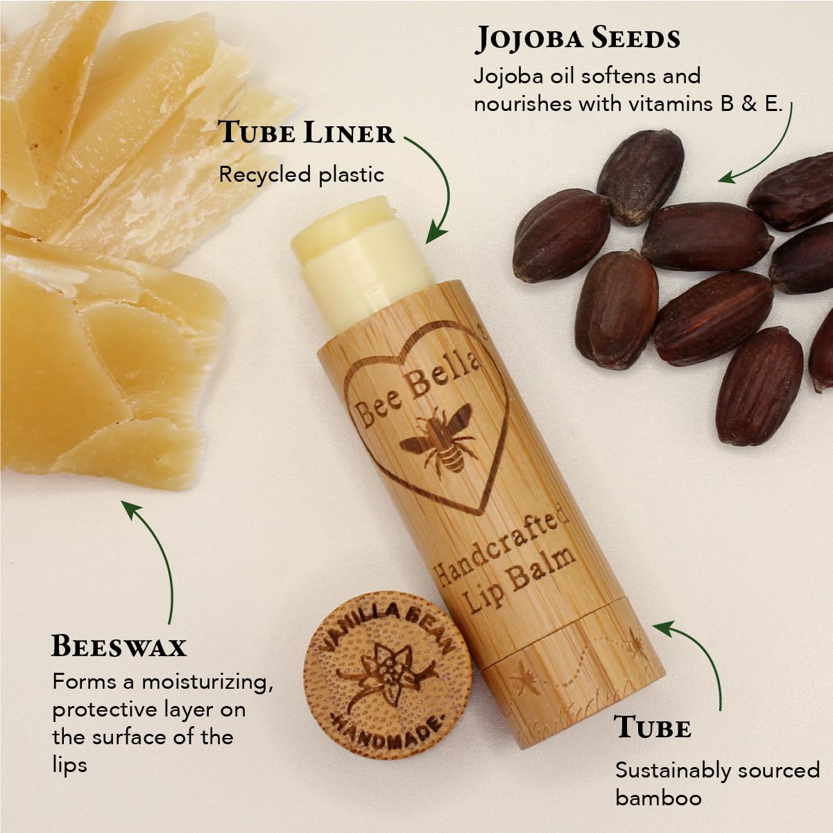 Bee Bella Lip Balm, Vanilla Bean, 3 Pack, Moisturizing Lip Care, 100% Natural, Original Organic Beeswax with Vitamin E, Handmade in USA Beauty & Personal Care BEE BELLA