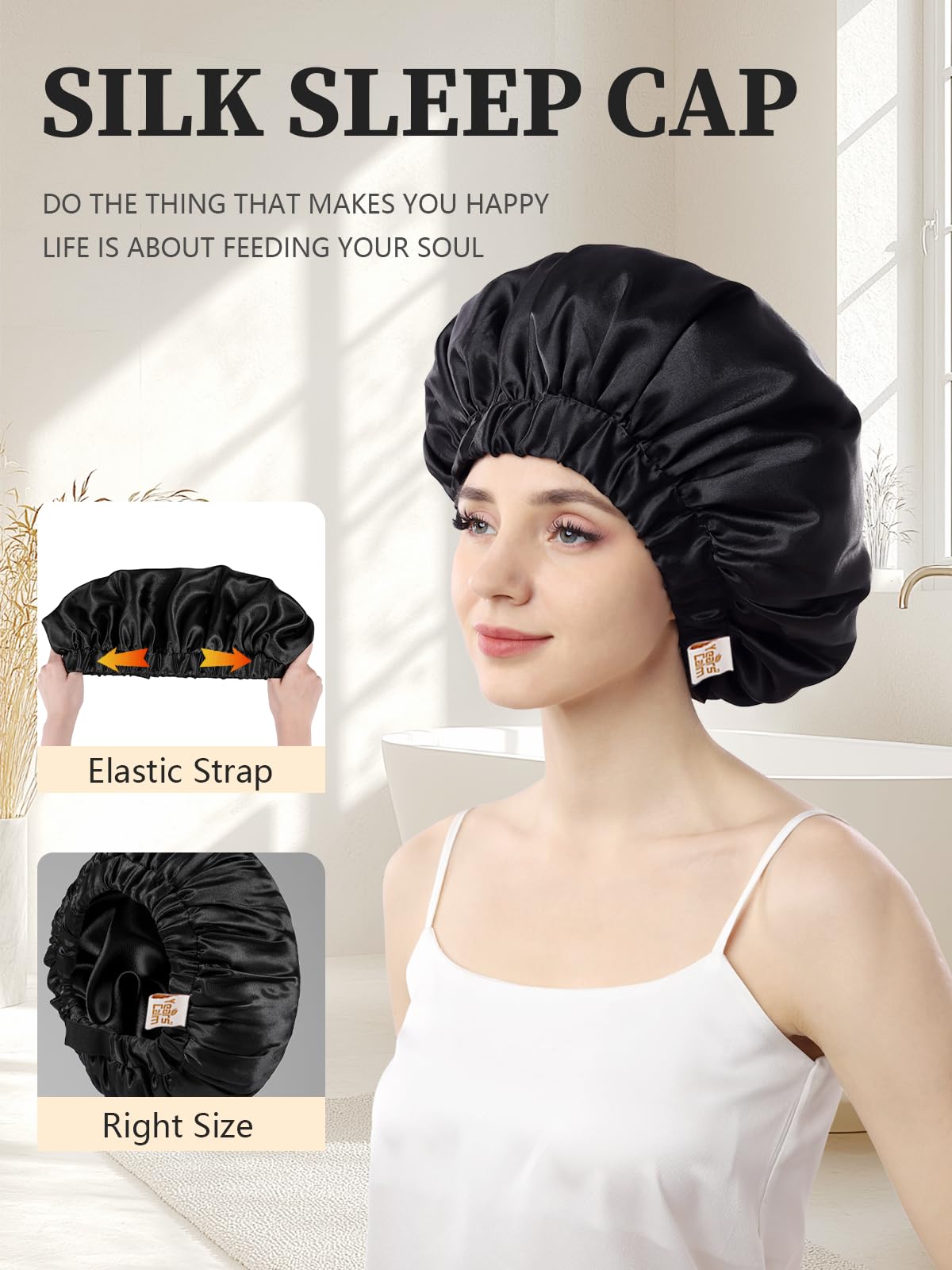 Years Calm Silk Bonnet for Sleeping Women, Double Layer Satin, Ajustable Elasticity Band? Hair Satin Bonnet for Sleeping - Sleep Shower Caps (Black Beauty and Personal Care Years calm