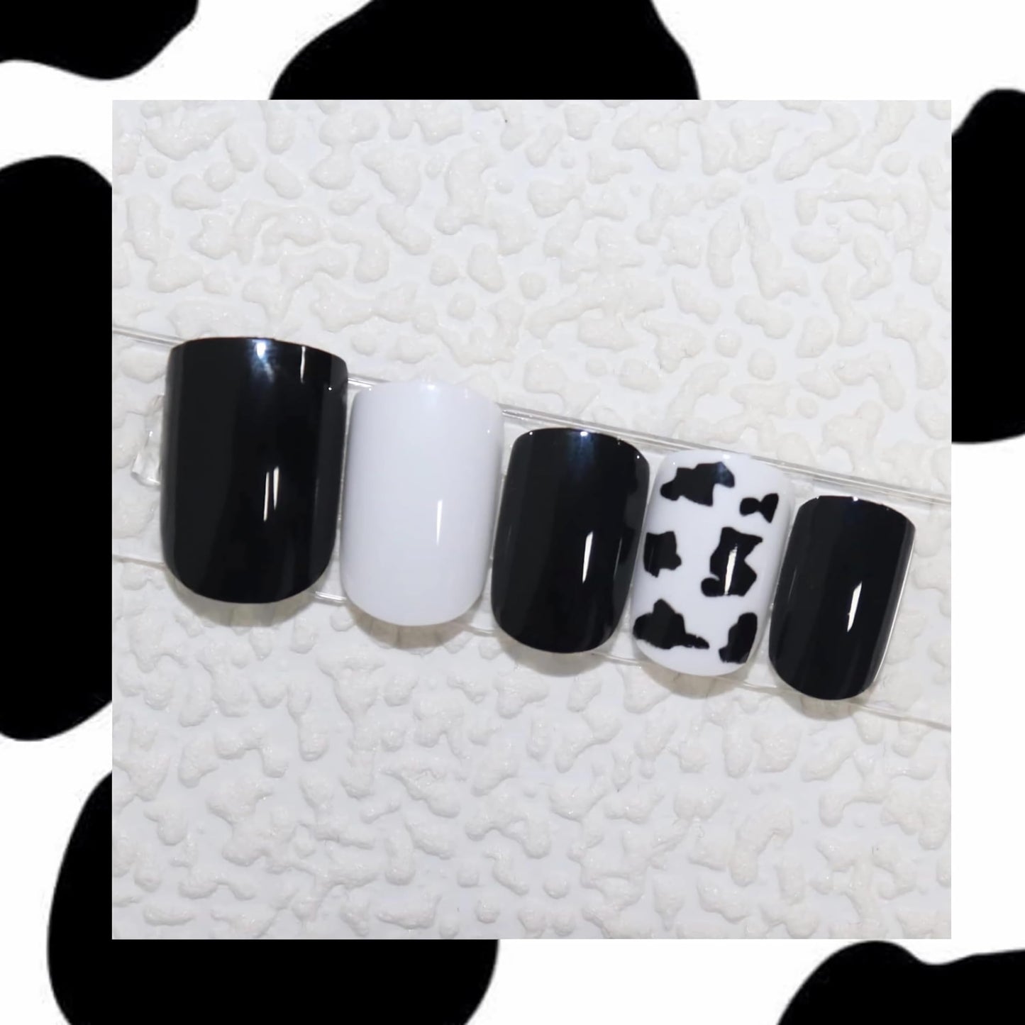 BABALAL Square Press-on Short Cow Print Nails - 24Pcs Cute Squoval Fake Glossy Black Acrylic Nails for Women and Girls Beauty & Personal Care BABALAL