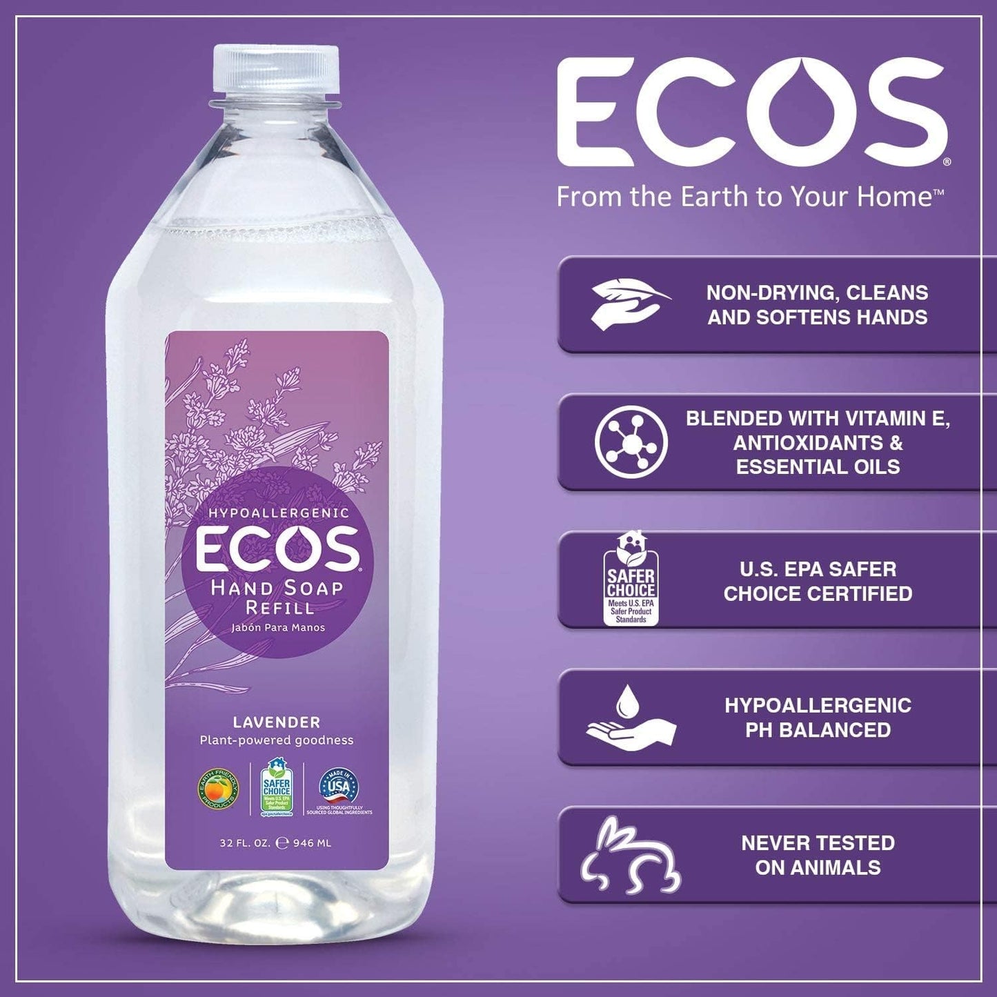 Earth Friendly Products - Rejuvenate Your Hands with Plant-Based Goodness: Lavender Hand Soap Refill (2 Pack - 32 oz Each) Beauty & Personal Care ECOS
