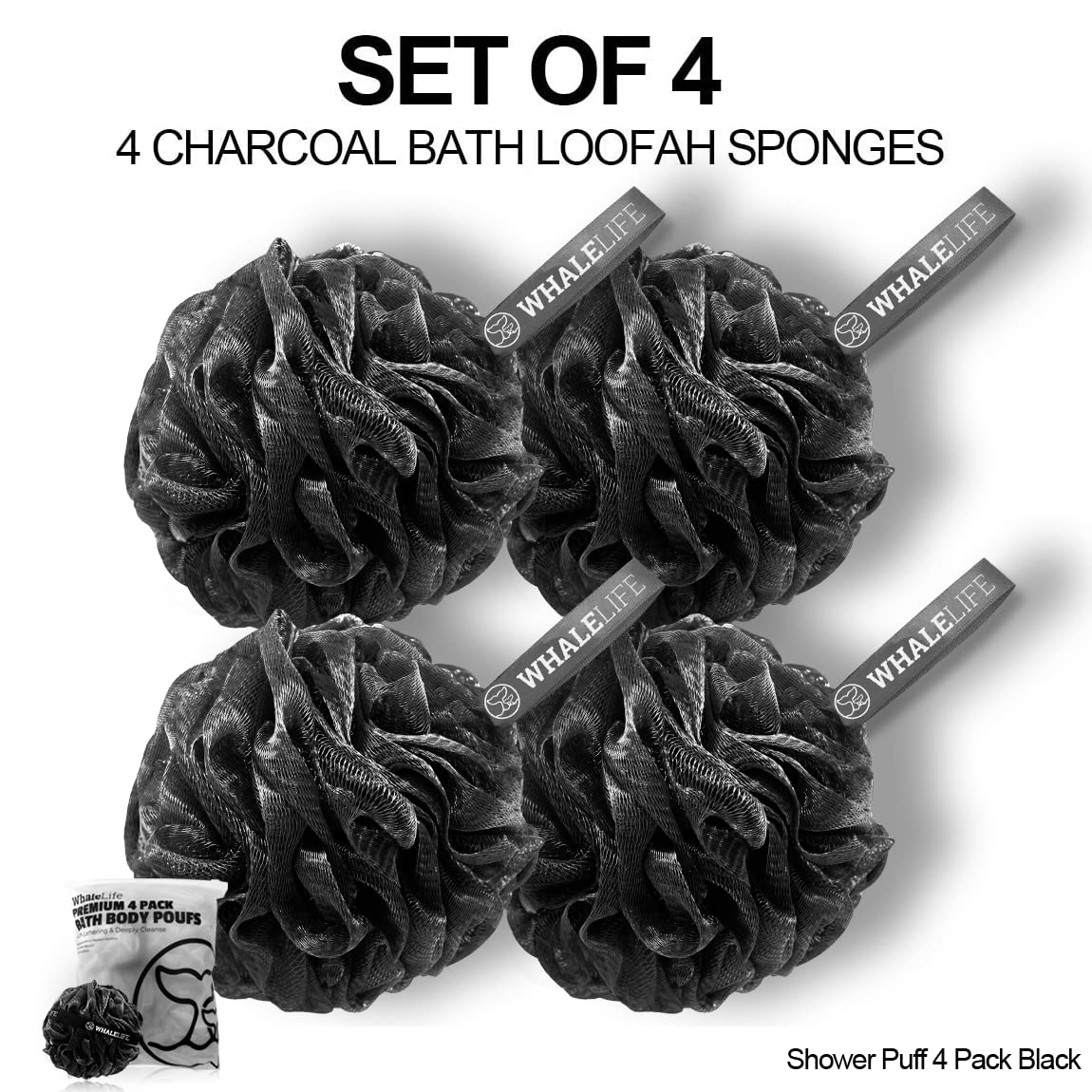 Shower Puff 4 Pack Black Bath Sponge Shower Loofahs Pouf Ball Nature Bamboo Charcoal Mesh Bulk Puffs Large, Shower Essential Skin Care by WhaleLife Beauty & Personal Care WhaleLife