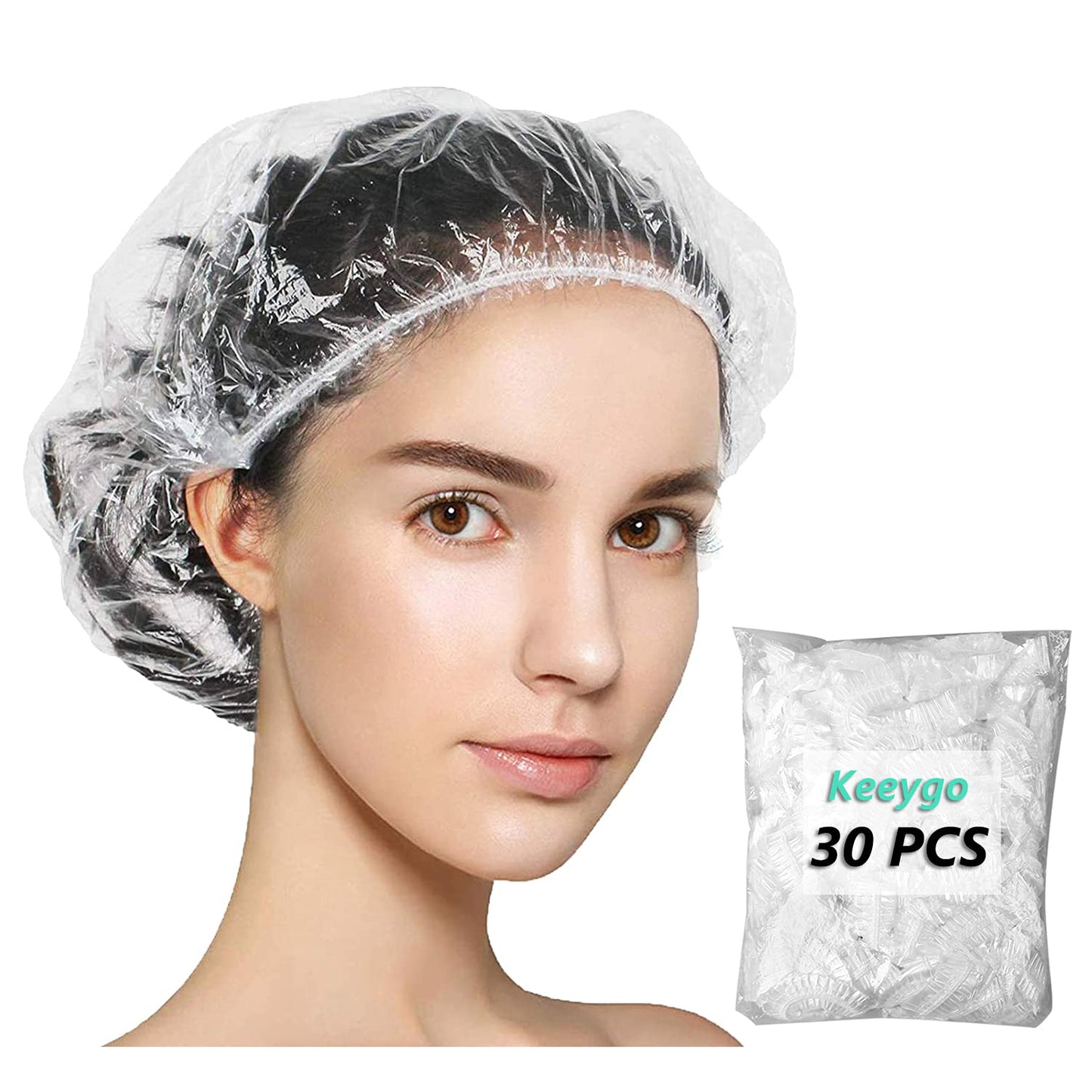 Keeygo Disposable Shower Caps 30 PCS Bath Caps Clear Waterproof Plastic Wraps for Women, Hotel Travel Essentials Accessories Hair Caps(17.3") Beauty and Personal Care Keeygo