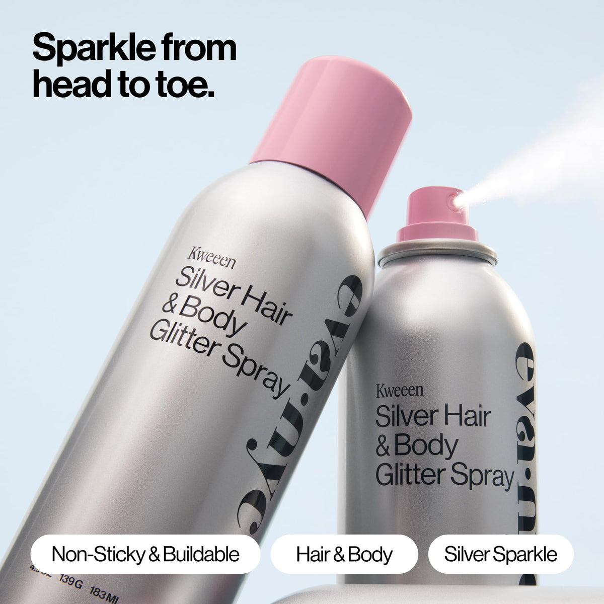 Eva NYC Kweeen Silver Hair and Body Glitter Spray - Our Original Ultra Shimmery Glitter, New Look - Adds Shine + Non-Sticky - Quick Drying Sparkle