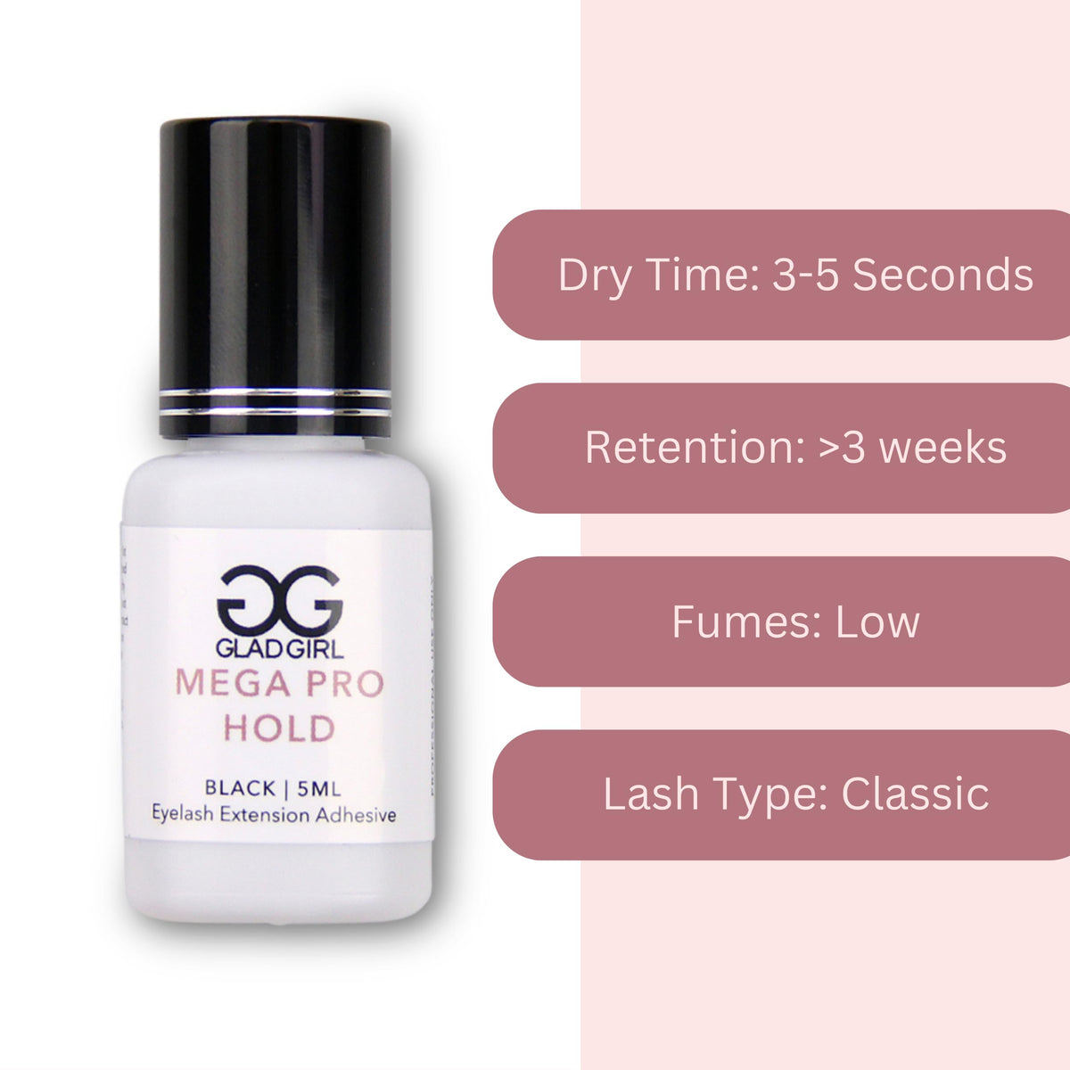 GladGirl Mega Pro Hold Lash Extension Glue for Single Strand Lashes, 5 ml, Volumizing, Low Fumes, Up to 3 Weeks Retention, Fast Drying Time